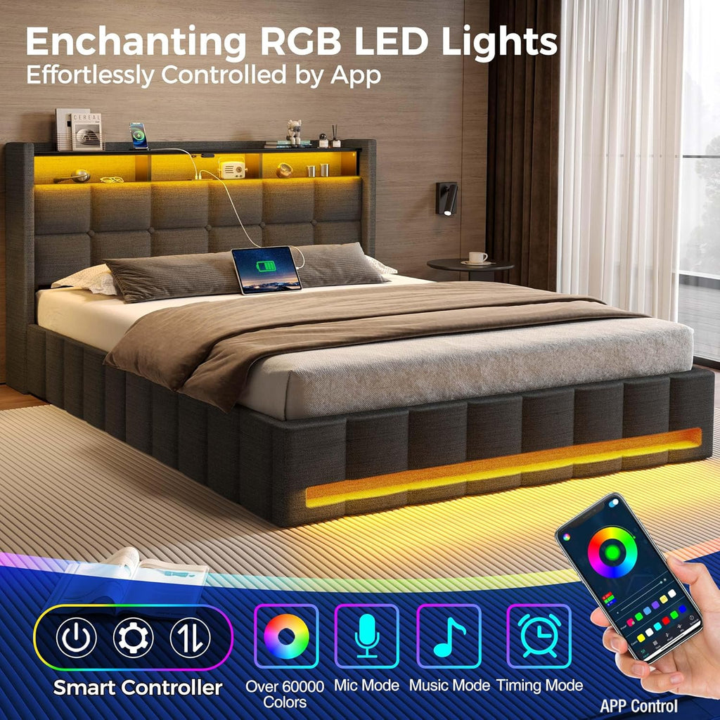 Rolanstar Bed Frame Full Size with Lift Up Storage, Charging Station & LED Lights, Upholstered Storage Headboard, Heavy Duty Wooden Slats, No Box Spring Needed, Noise Free, Easy Assembly, Dark Grey