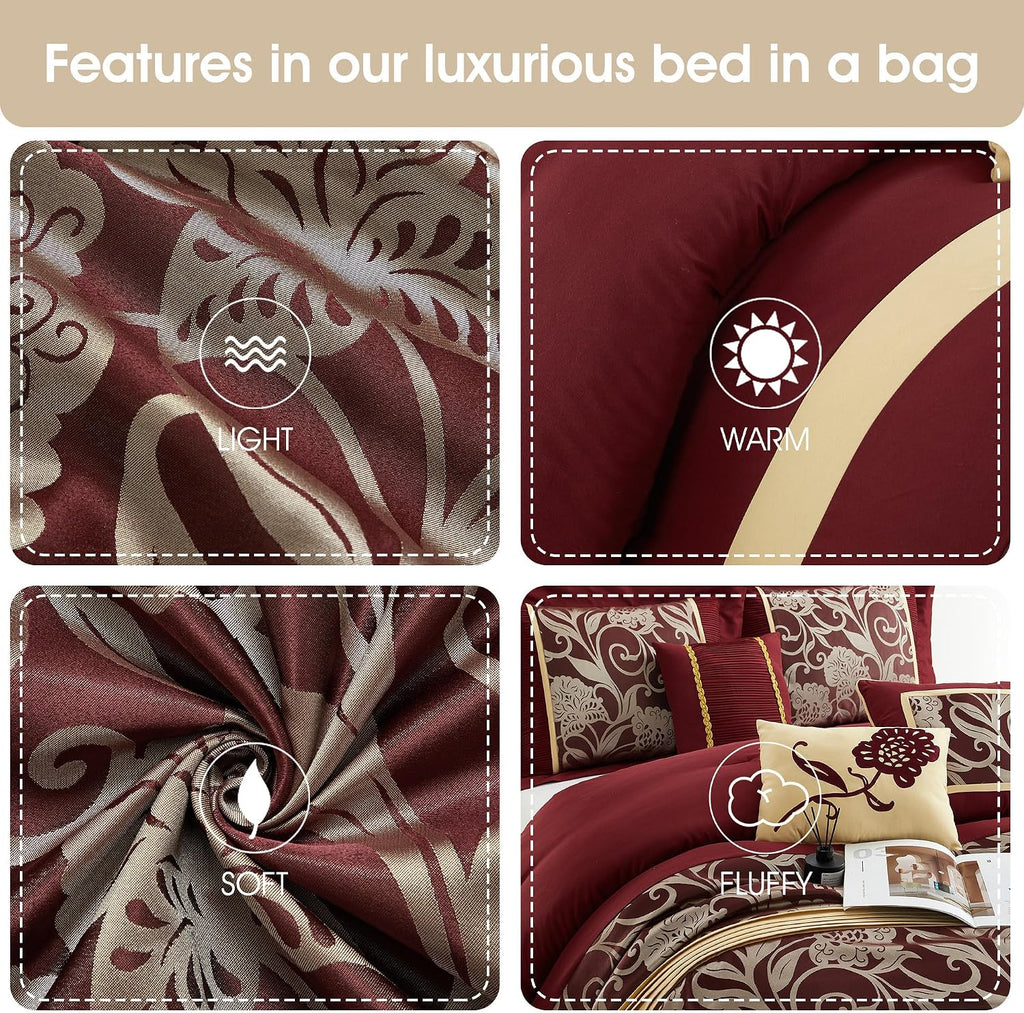 Grand Avenue Black and Red Comforter Set King Size, 7 Piece Jacquard Floral Bedding Set, All Season, Ultra-Soft, Matching Pillows & Shams, Bed Skirt