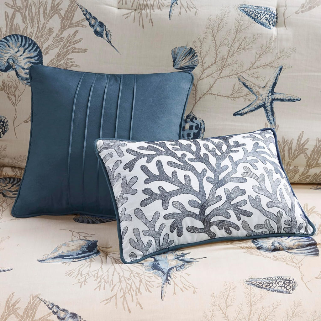 Madison Park 100% Cotton Comforter Set - Coastal Coral, Starfish Design All Season Down Alternative Cozy Bedding with Matching Shams, Decorative Pillow, Cal King(104'x92'), Taupe 7 Piece