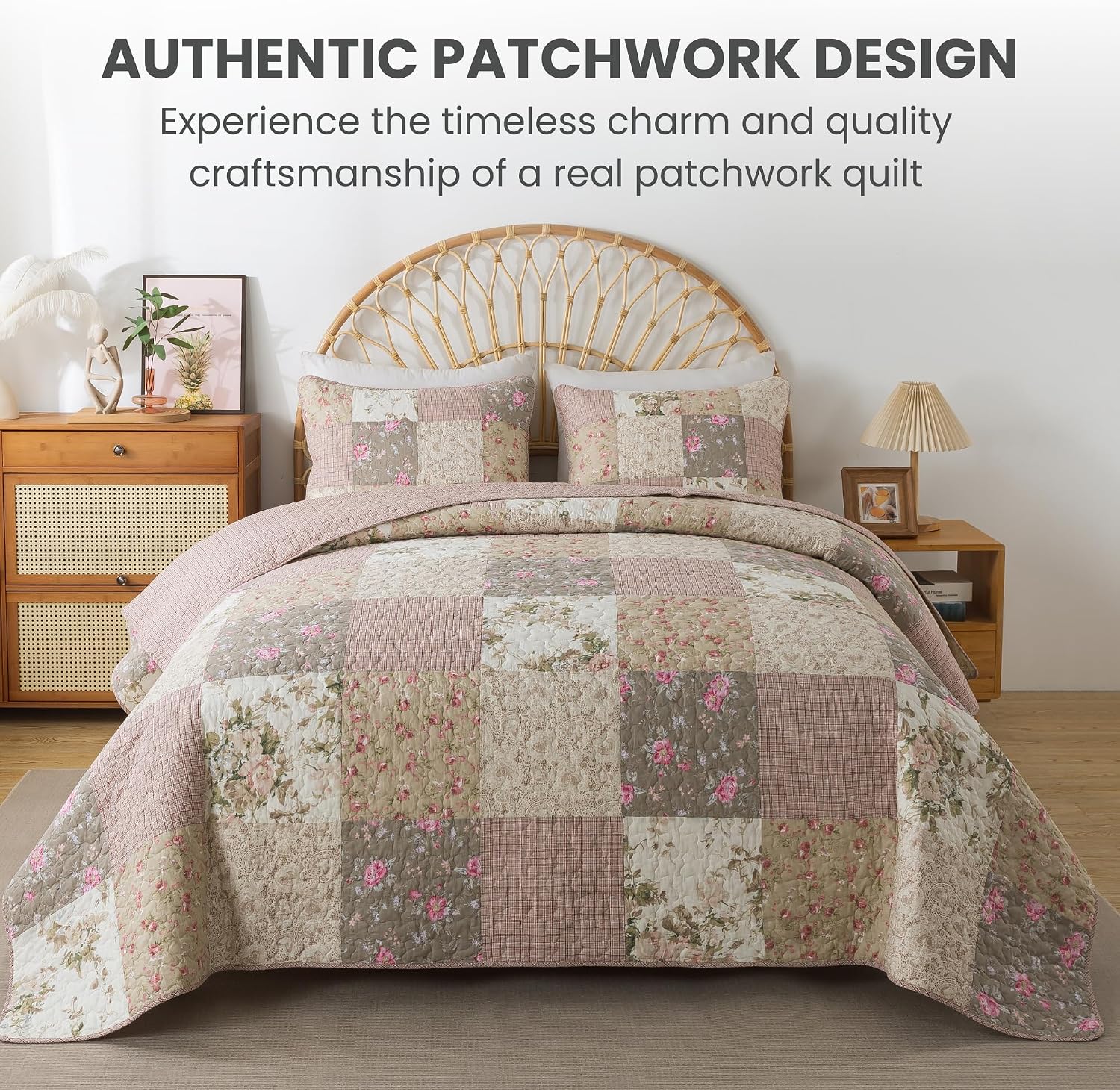 SLPR Secret Garden Patchwork Cotton Pieced Quilt Set - King with 2 Shams, Country Shabby Chic Bedding with Flower Pattern, Pink Floral Farmhouse Quilted Bedspread for All Seasons