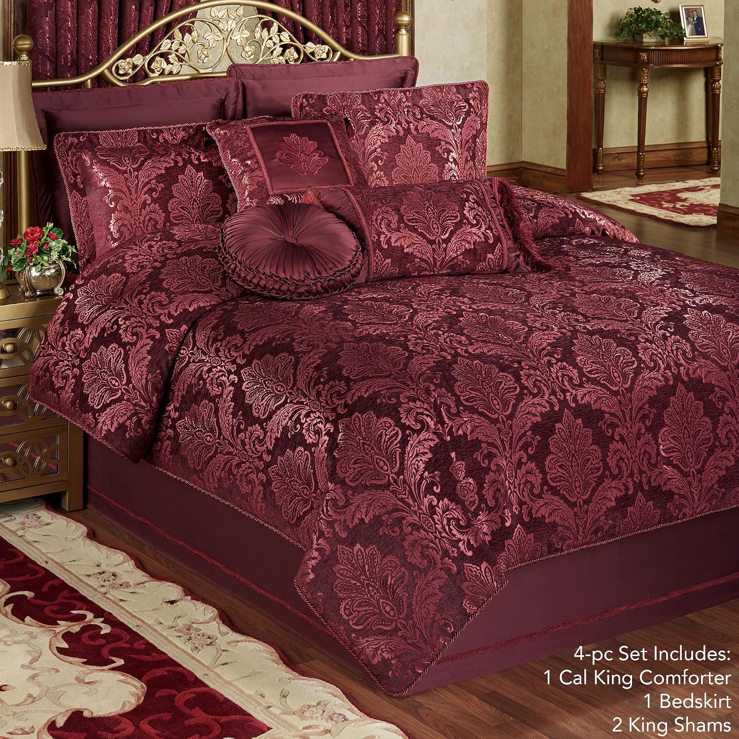 Touch of Class Camelot Luxury Bedding | Robust Burgundy | Matte Satin Damask on Richly Textured Jacquard-Woven Chenille Design | 4 Piece Set Includes Cal King Comforter, Bedskirt, and 2 King Shams
