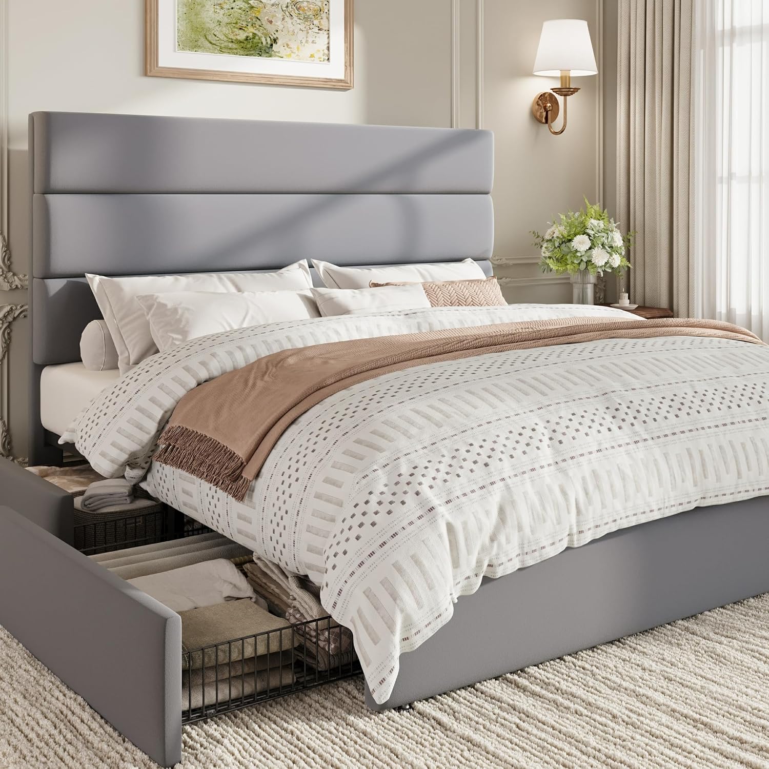 SHA CERLIN Full Size Platform Bed Frame with 4 Storage Drawers, Velvet Upholstered Headboard, Mattress Foundation with Wooden Slats Support, No Box Spring Needed, Easy Assembly, Grey