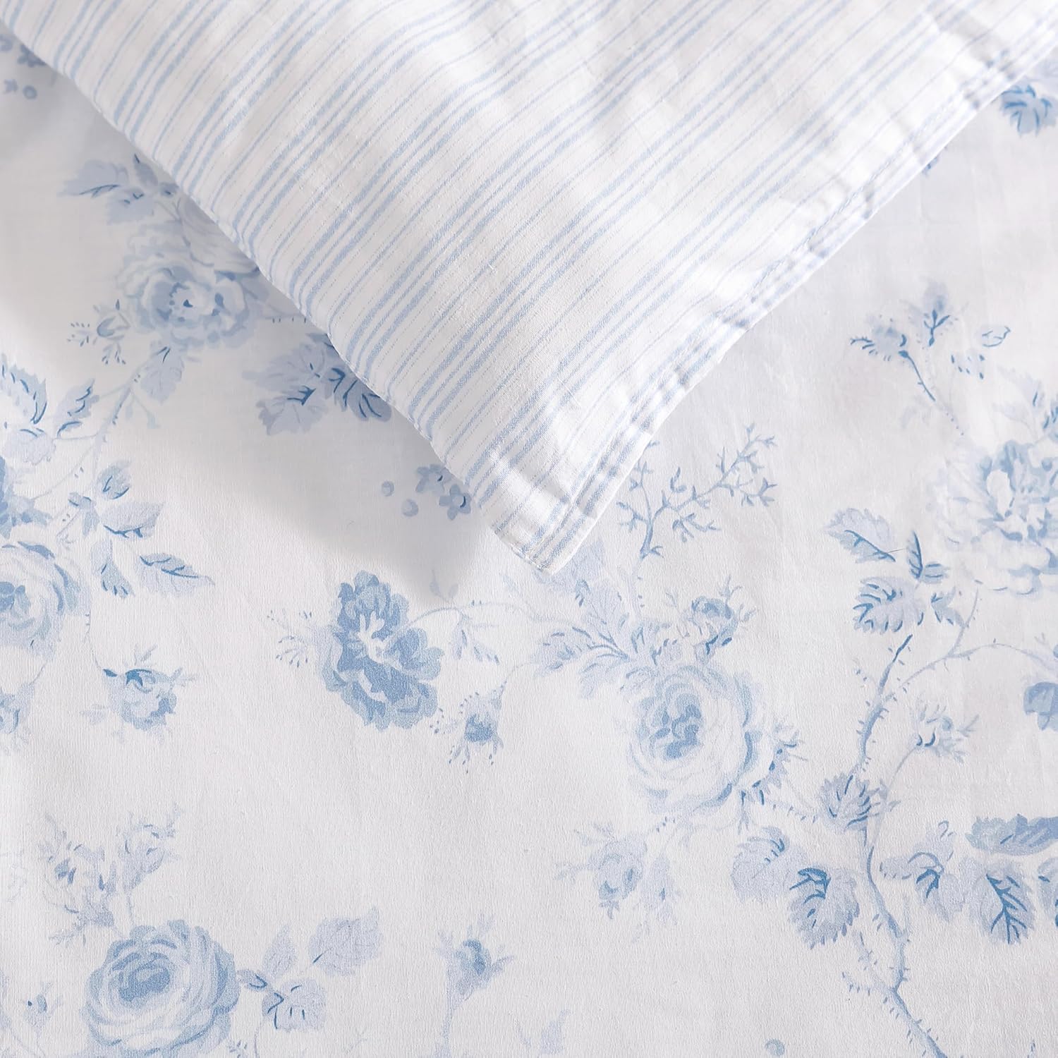 Laura Ashley - Queen Comforter Set, 100% Cotton Bedding, Medium Weight for Year-Round Comfort, Reversible Floral Design, Includes Comforter and Shams, Belinda Blue