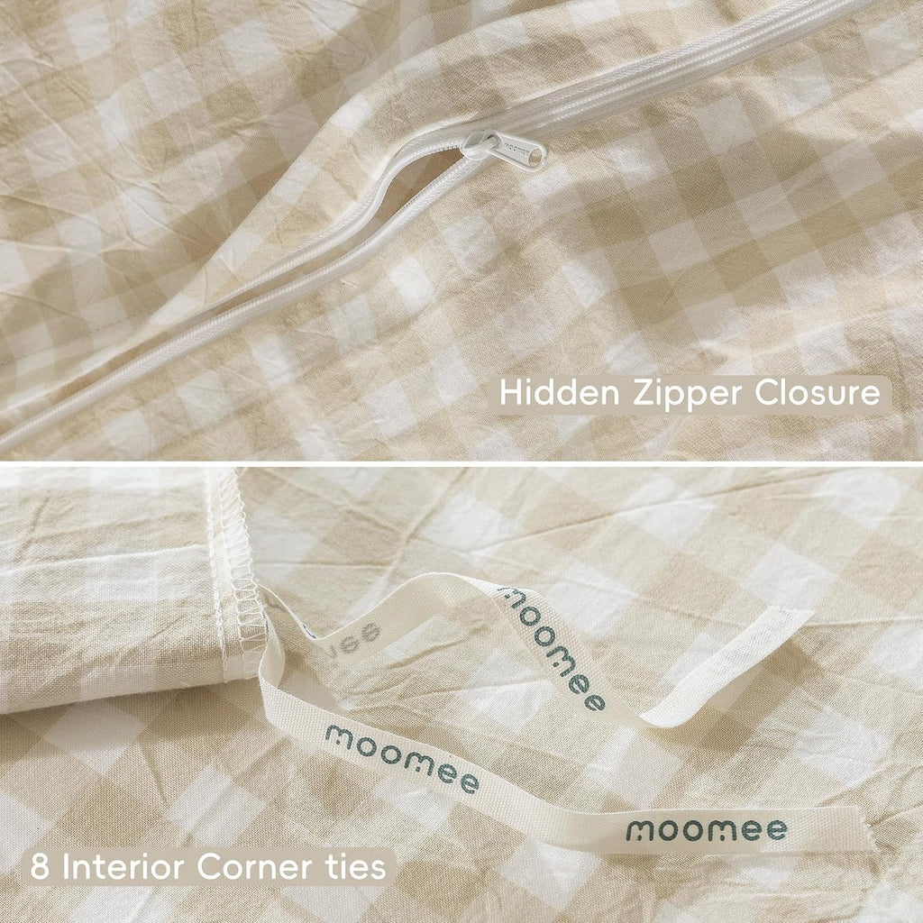 MooMee Gingham Duvet Cover Set 100% Washed Cotton Linen Like Textured Breathable Durable Soft Comfy Modern Checkered Design (Almond Milk Grey Gingham, Super King 108'x98')