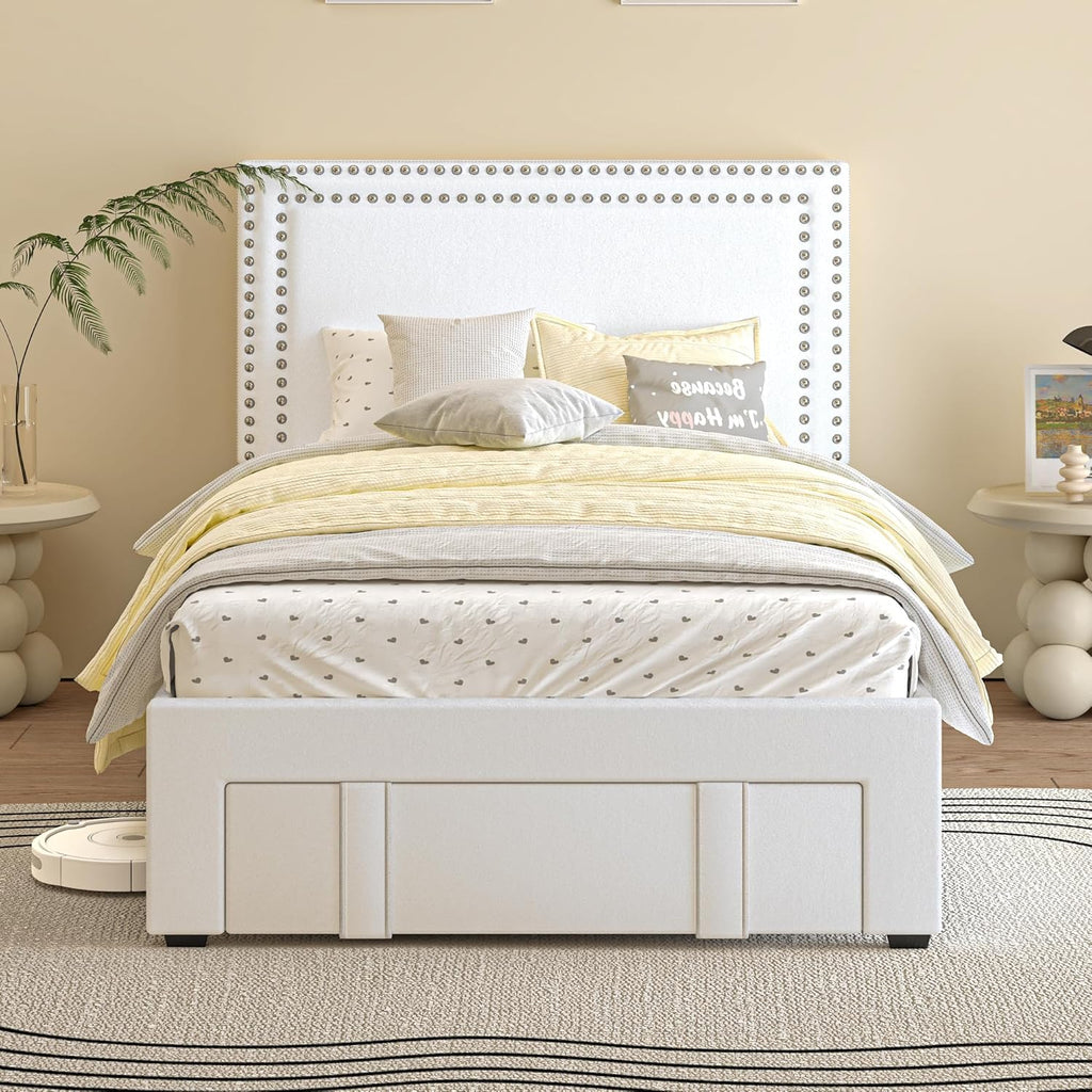 VECELO Twin Size Upholstered Bed Frame with Storage Drawer, Adjustable Velvet Rivet Decor Headboard, Wooden Slats Platform Support, No Box Spring Needed, Easy Assembly,White