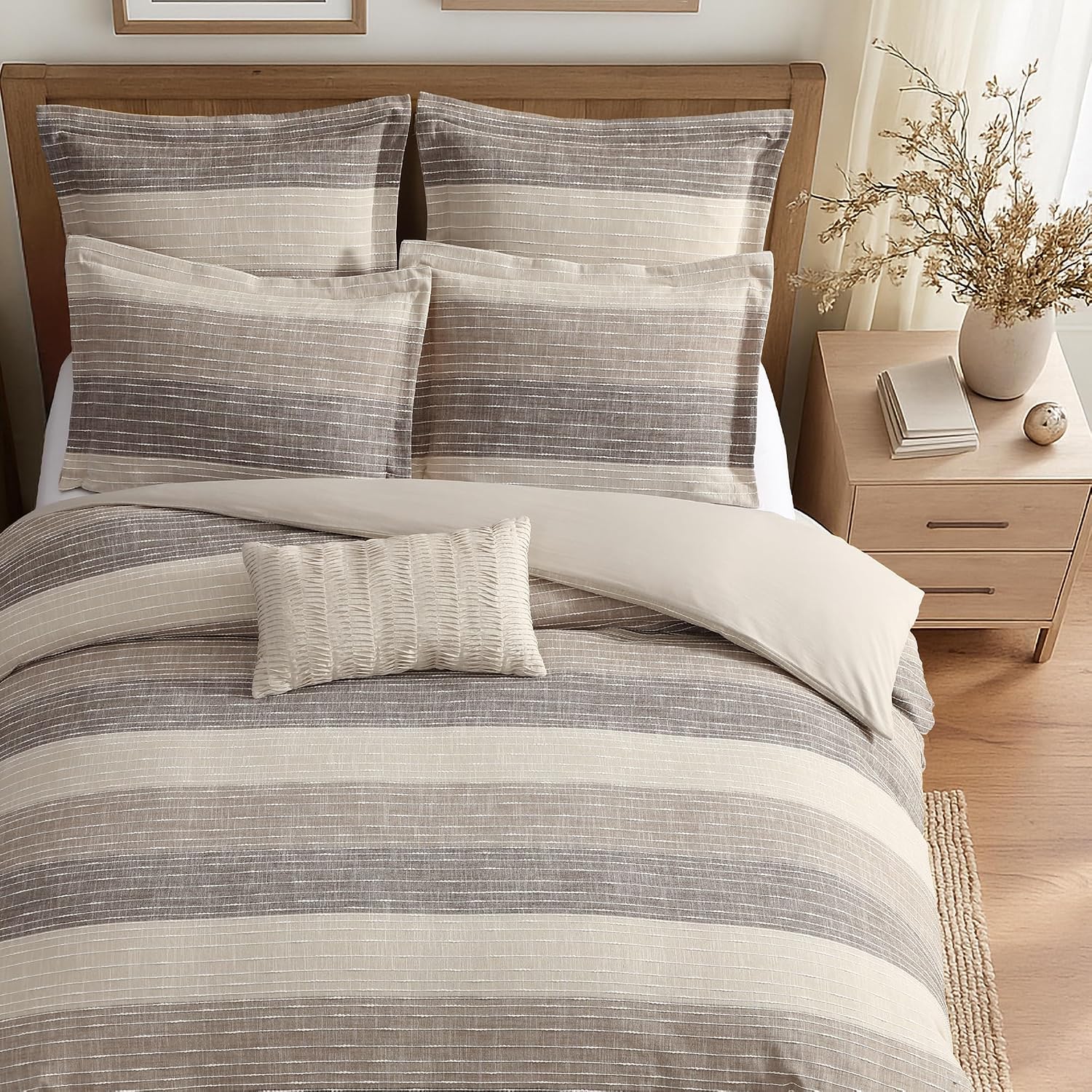 Levtex Home Sand Stripes Chocolate Full/Queen Comforter Set (90x94in) with 2 Pillowcases (26x20in) - Woven Jacquard Stripe - Brown, Tan, White - Cotton Full/Queen Size Comforter Set - Soft, Pre-Washed