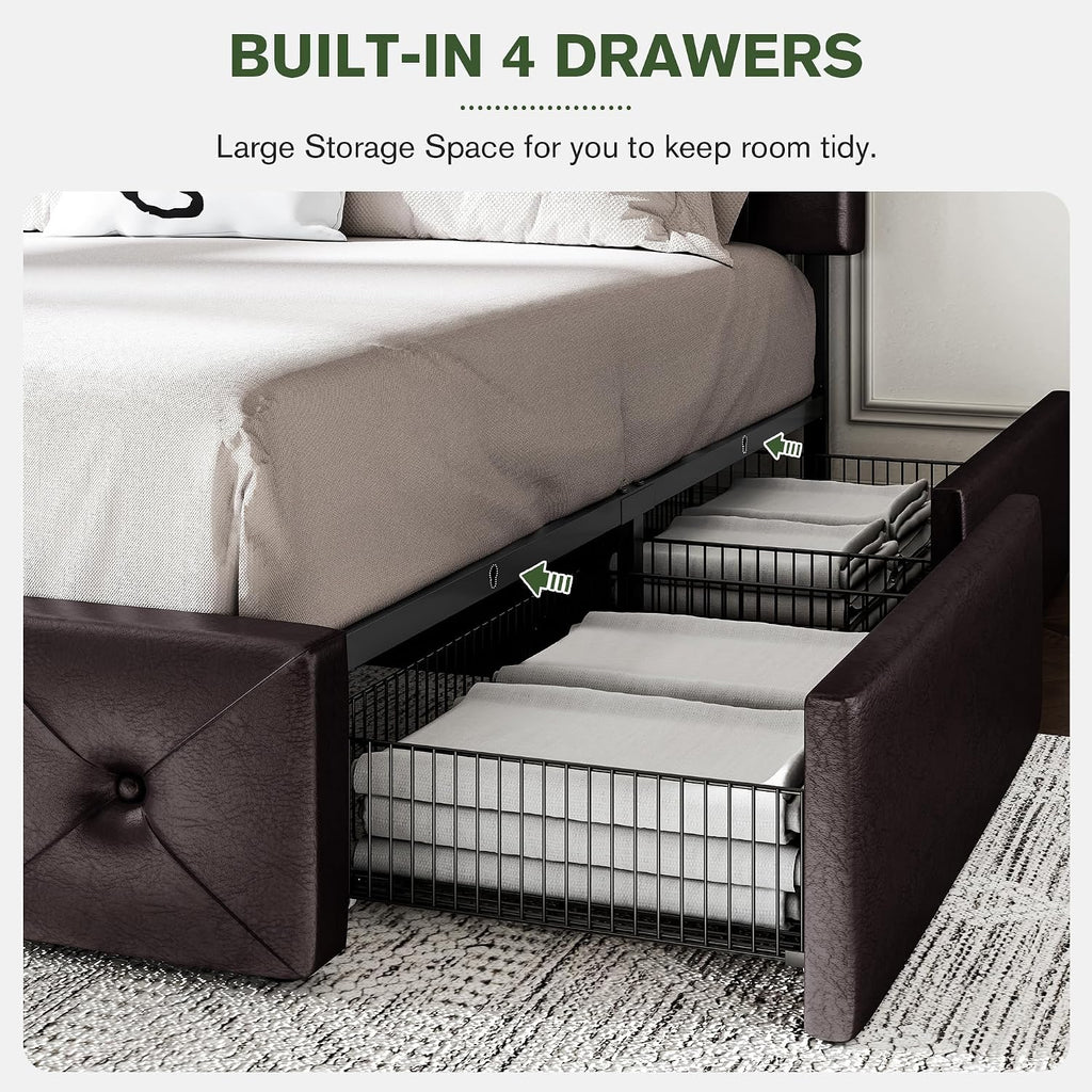 MUTICOR Full Size Bed Frame with 4 Storage Drawers, Upholstered Platform Bed with Button Tufted Adjustable Headboard, No Box Spring Needed, Easy Assembly, Diamond Tufted, Black Brown Leather