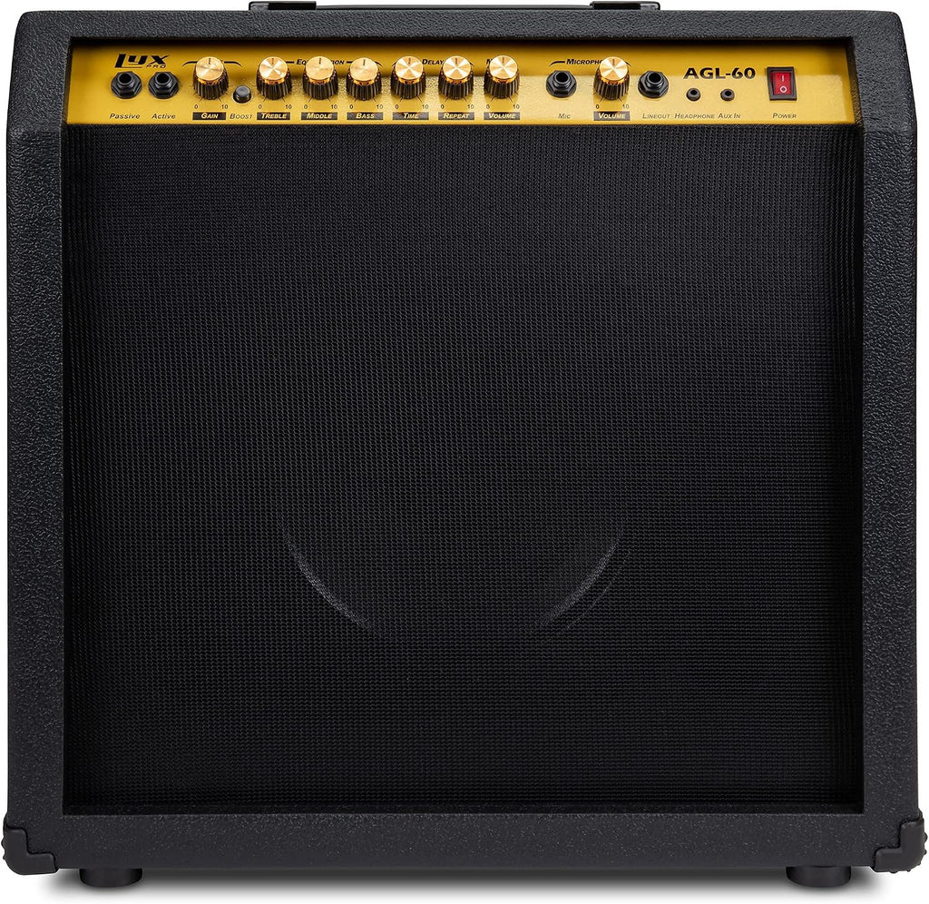 LyxPro 60 Watt Electric Guitar Amplifier | Combo Solid State Studio & Stage Amp with 10' 4-Ohm Speaker, Custom EQ Controls, Drive, Delay, ¼' Passive/Active/Microphone Inputs, Aux in & Headphone Jack