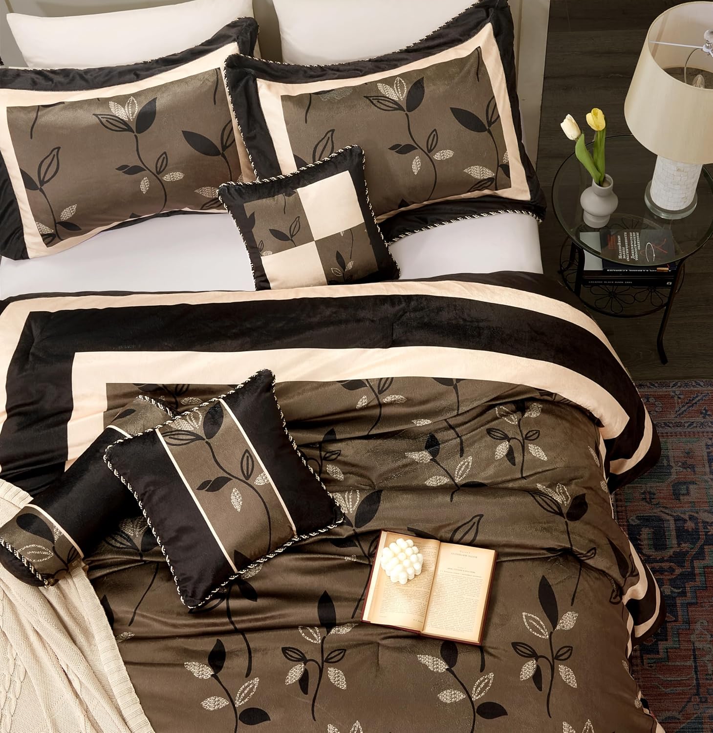 Stratford Park Elegant Leaves 7-Piece Comforter Bedding Set, Bronze, Queen Size, Short Plush Print Comforter Set, All Season Bedding Set