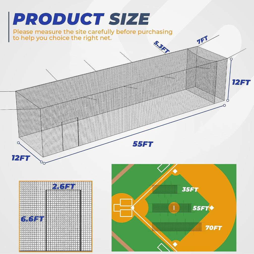 Batting Cage, 22ft/30ft/35ft/55ft/70ft Baseball Softball Hitting cage Net, Portable Baseball Cage Netting System for Solo or Team Training, for Backyard Field Outdoor Indoor
