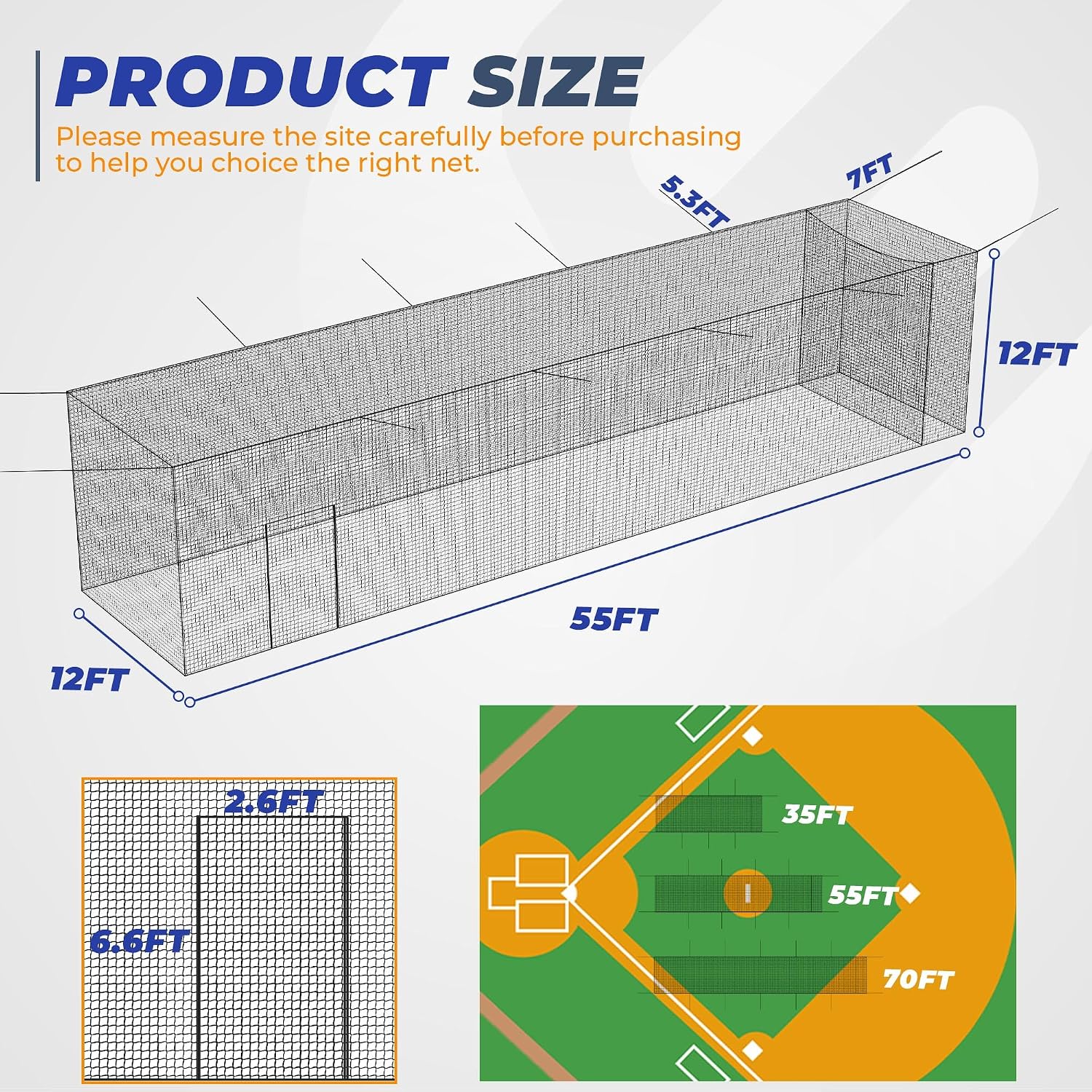 Batting Cage, 22ft/30ft/35ft/55ft/70ft Baseball Softball Hitting cage Net, Portable Baseball Cage Netting System for Solo or Team Training, for Backyard Field Outdoor Indoor