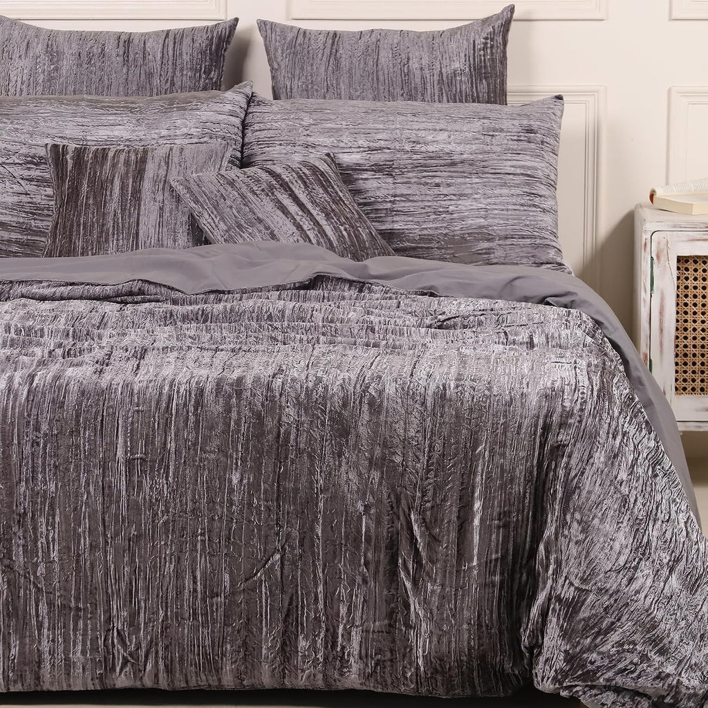 The Harry Creations 3 Pcs Set Solid Pattern Velvet Bedding Ultra Donna Crushed Luxury Boho Duvet Cover (Crush- Gray, Super King Plus 114' x 118')