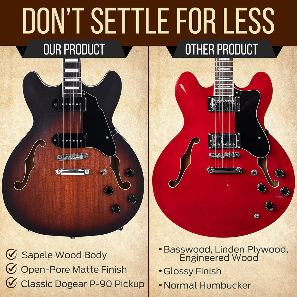 Pyle Semi Hollow Body Electric Guitar Set, 41.8' Full Size Jazz Instrument Kit with Gig Bag and Accessories, Matte Sunburst