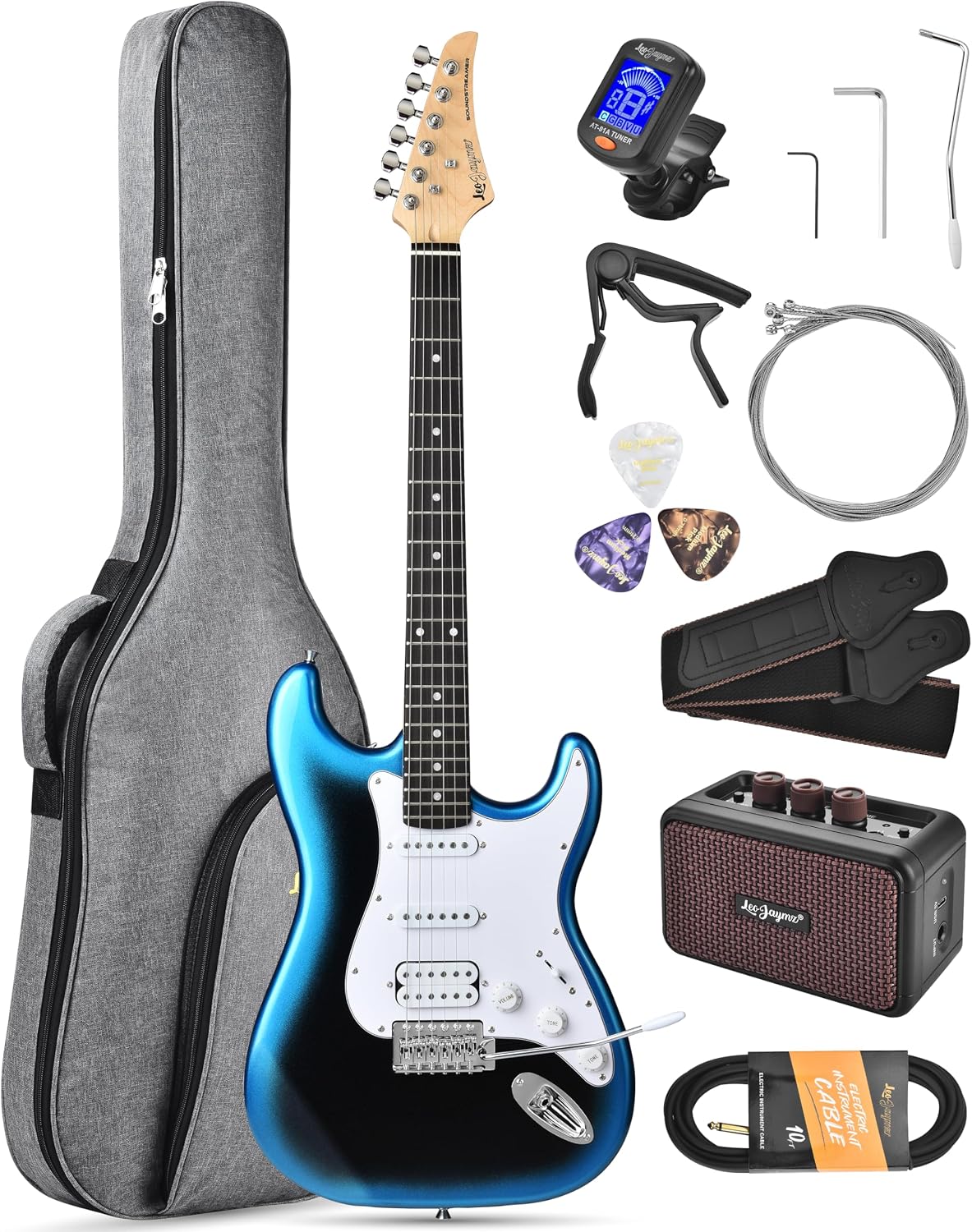Leo Jaymz Beginner Electric Guitar 39' Kit with Portable Amplifier, Padded Gig Bag, Digital Tuner，Capo，Strap，Picks，HSS Pickups (Blue-Black Fade-HSS)
