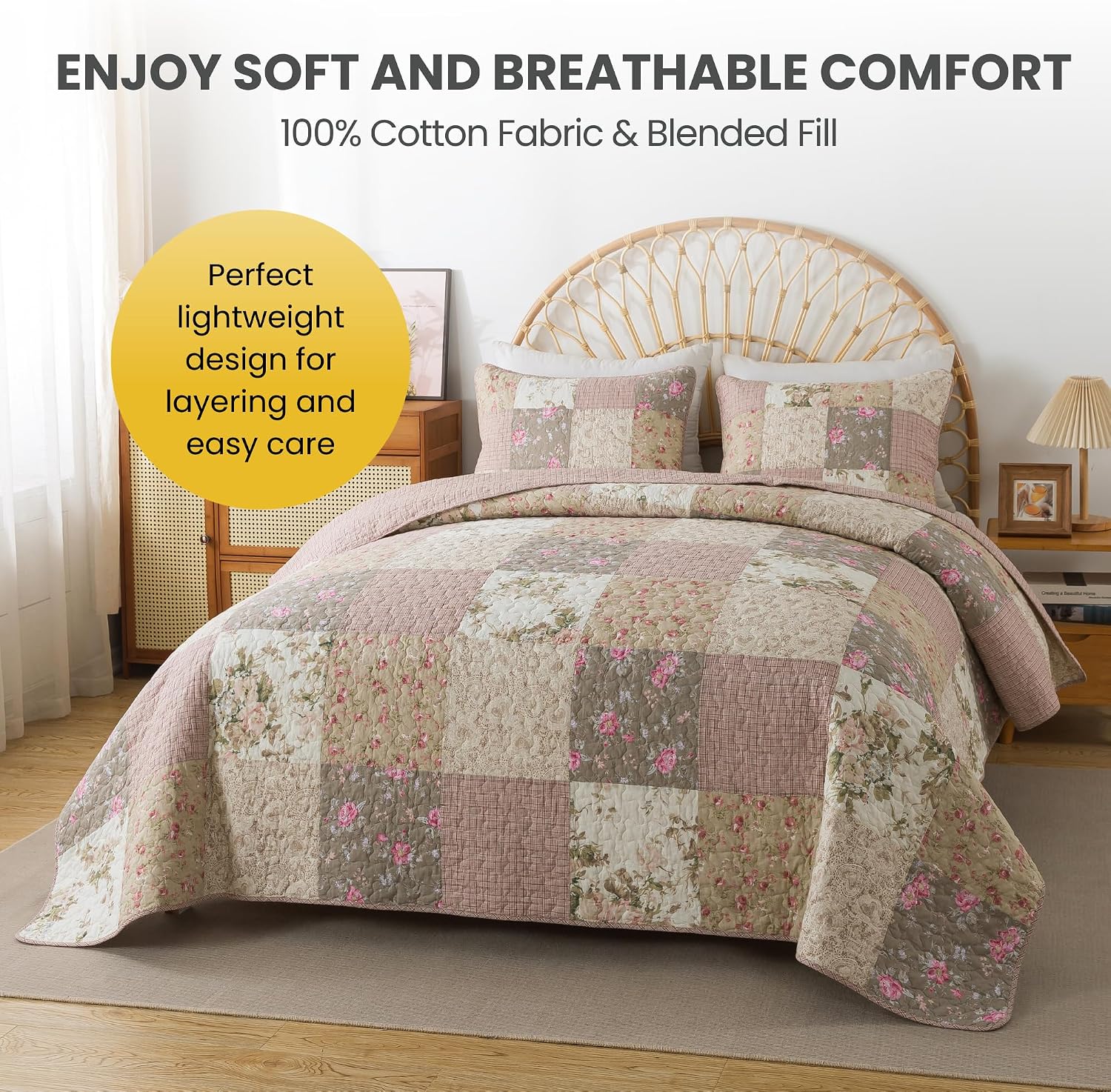 SLPR Secret Garden Patchwork Cotton Pieced Quilt Set - King with 2 Shams, Country Shabby Chic Bedding with Flower Pattern, Pink Floral Farmhouse Quilted Bedspread for All Seasons