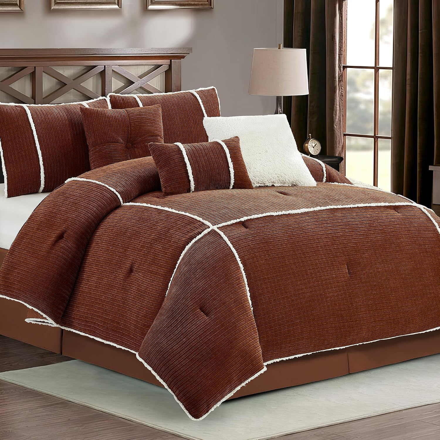 LANCO MODERN LIFESTYLE 7 Piece Comforter Set King, Rust, Bed in a Bag, Corduroy Textured Bedding Set with Comforter, Bed Skirt, Pillow Shams and Decor Pillows, Luxury Modern Home Decor