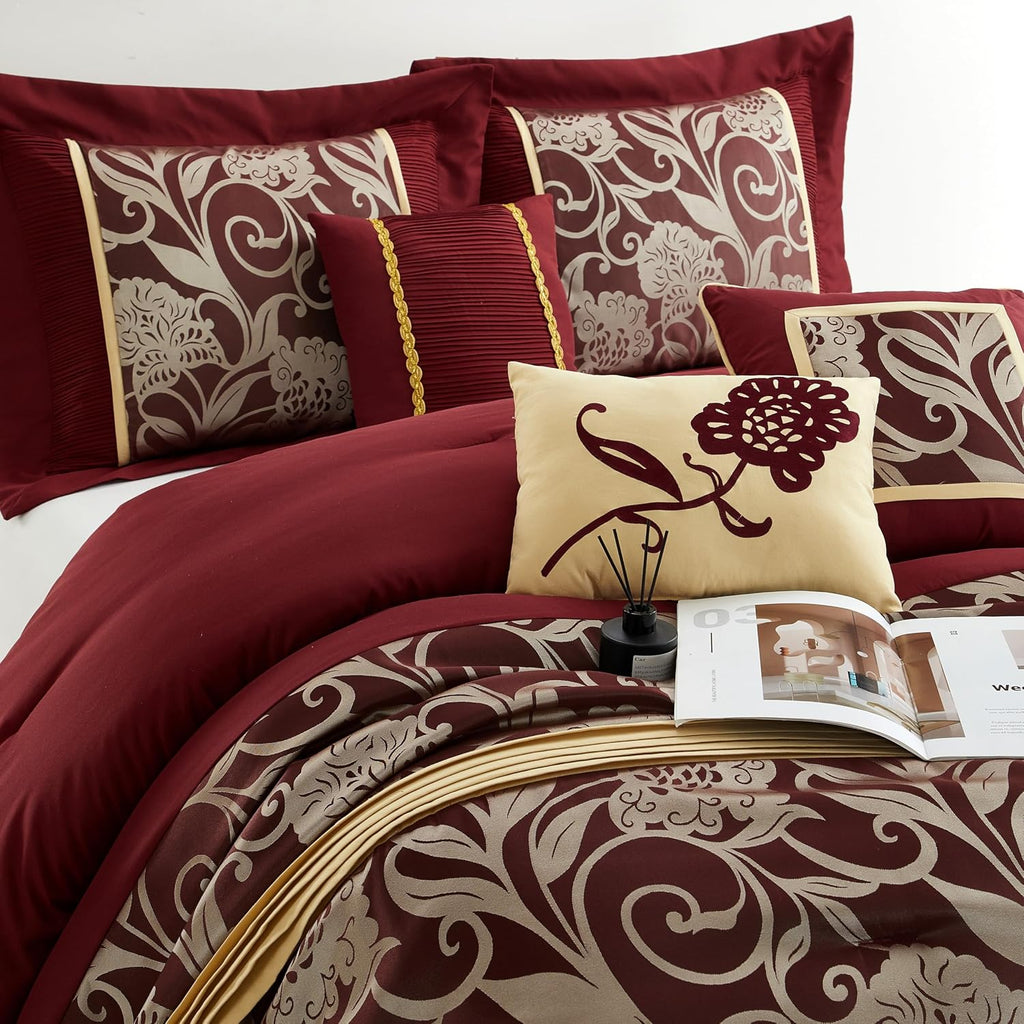 Grand Avenue Black and Red Comforter Set King Size, 7 Piece Jacquard Floral Bedding Set, All Season, Ultra-Soft, Matching Pillows & Shams, Bed Skirt