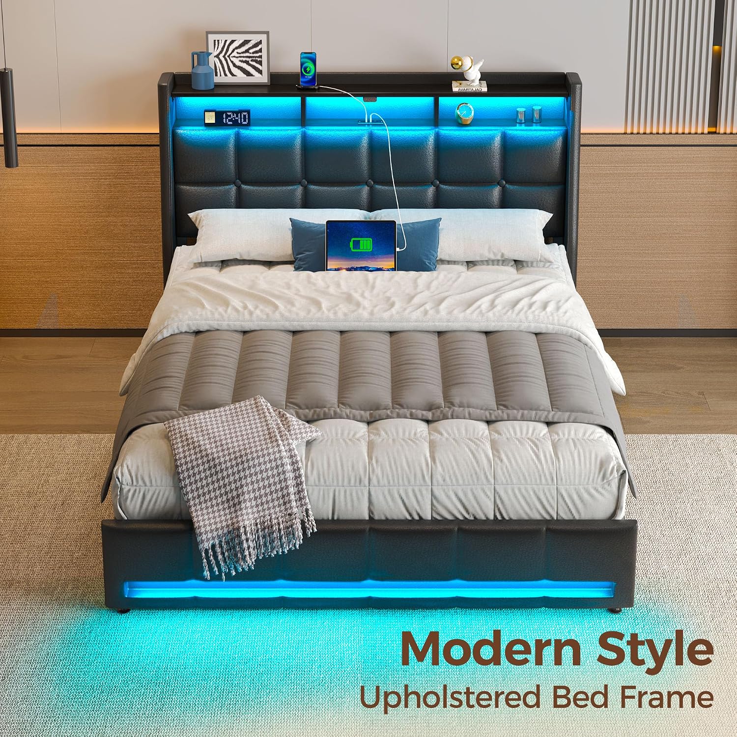 Rolanstar Full Size Bed Frame with LED Lights and Charging Station, Upholstered Headboard with 2-Tier Storage Shelves, Heavy Duty Metal Frame, Noise-Free Support, Easy Assembly, No Box Spring Needed