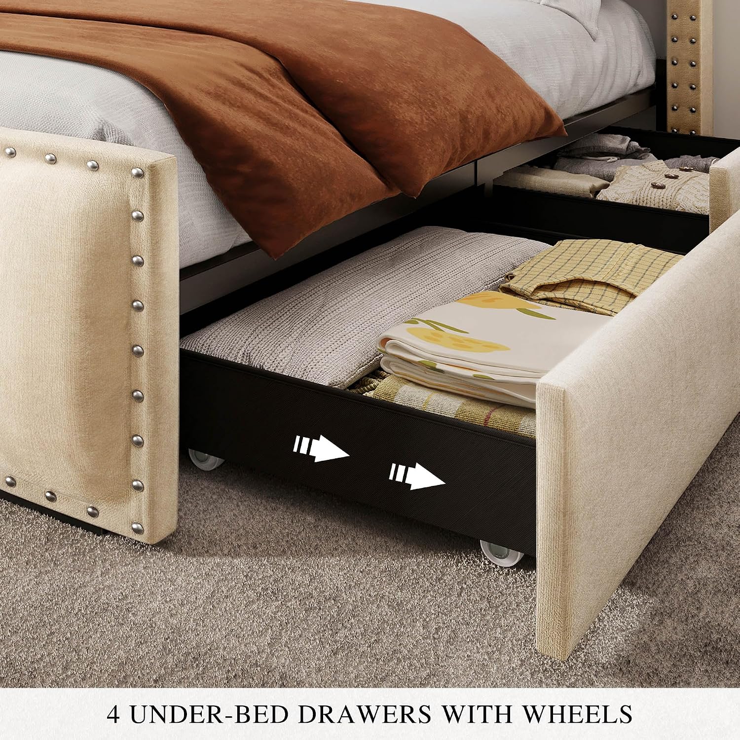 DWVO Full Size Bed Frame with 4 Storage Drawers and RGB LED Lights, Velvet Upholstered Platform Bed with Charging Station and Storage Headboard, No Box Spring Needed, Easy Assembly, Beige