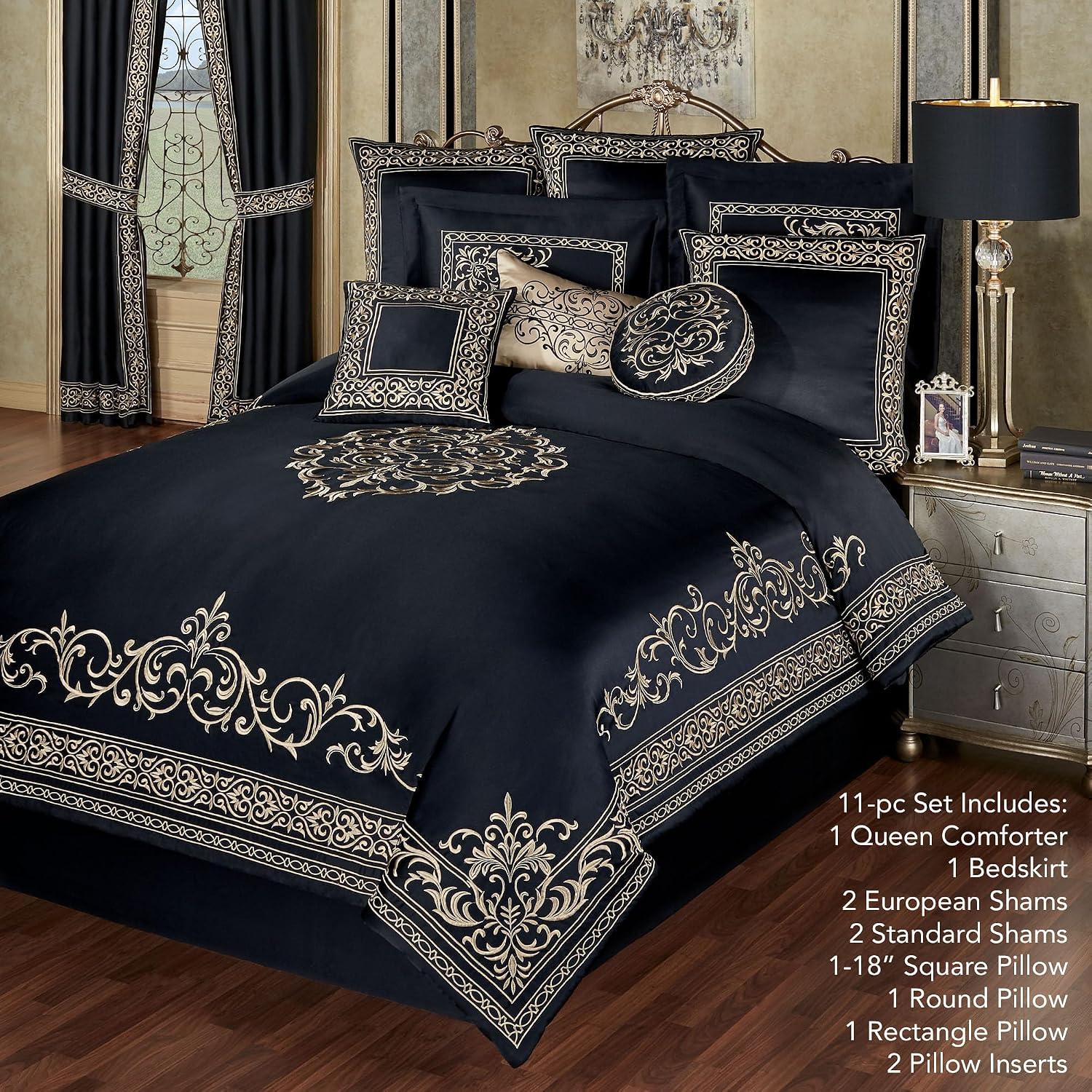 Kensington Luxury Bedding | Classic Black | Palace-Inspired Golden Scrollwork Embroidery | 11 Pc Set with Queen Comforter, Bedskirt, 2 Std Shams, 2 Euro Shams, 2 Euro Pillow Inserts, and 3 Pillows