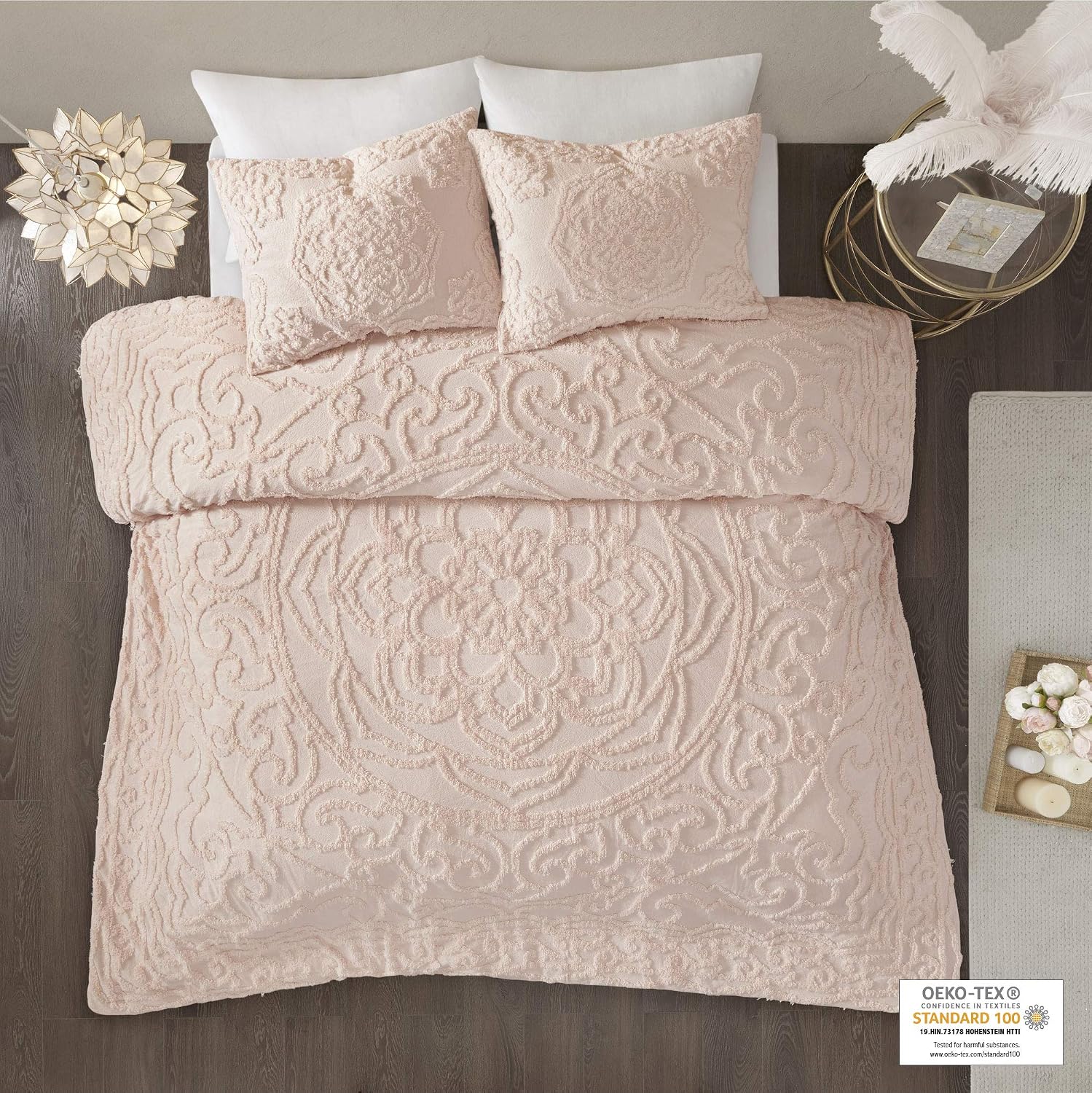 Madison Park Laetitia 100% Cotton Duvet Set-Chenille Tufted Medallion Design All Season Cozy Bedding Shabby Chic Comforter Cover, Matching Shams, King/California King (104 in x 92 in), Floral Blush