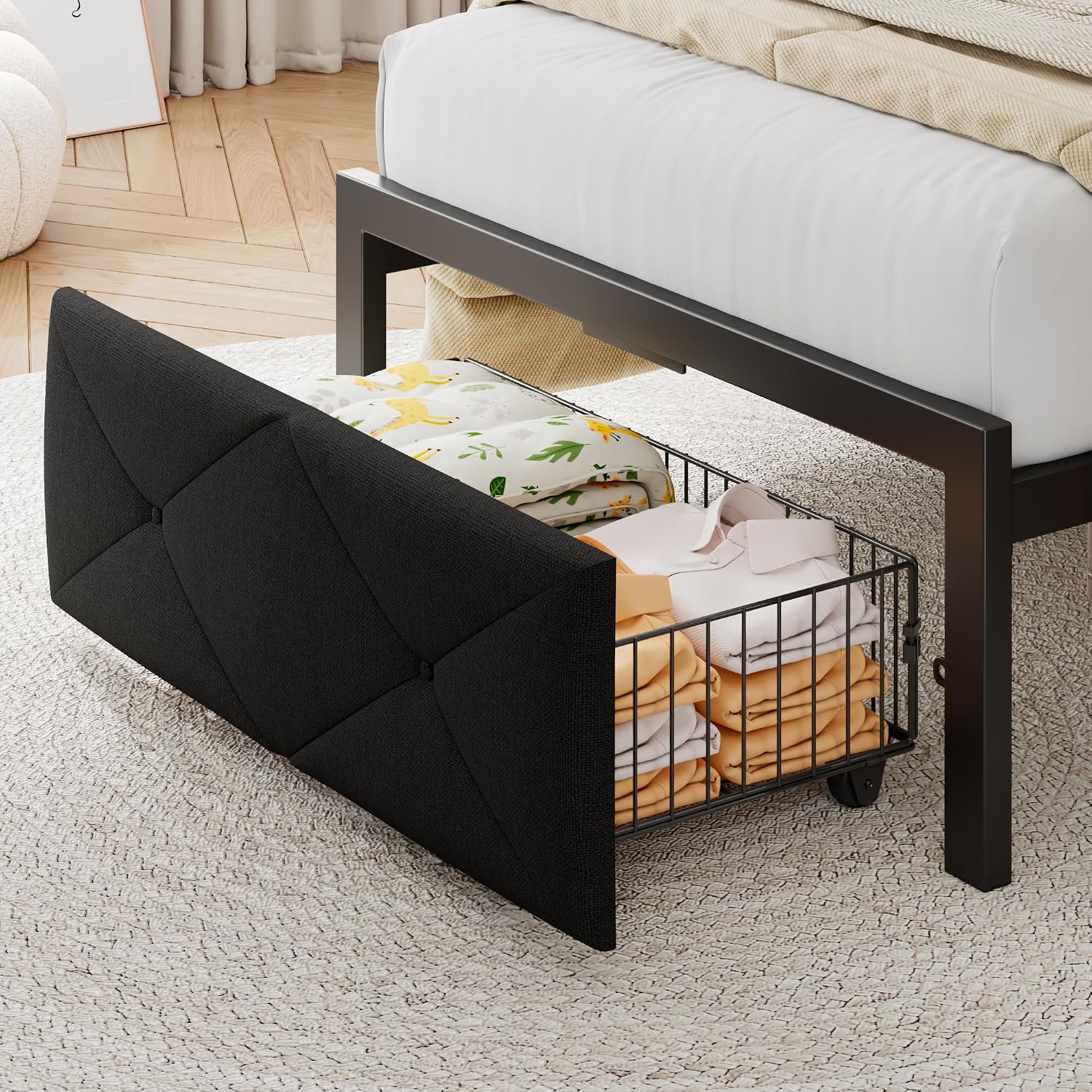 Einhomn Twin Bed Frame with Storage Drawer, Metal Platform Bed with Charging Station, Upholstered Linen Button Tufted Storage Headboard, No Box Spring Needed, Noise-Free, Easy Assembly, Black