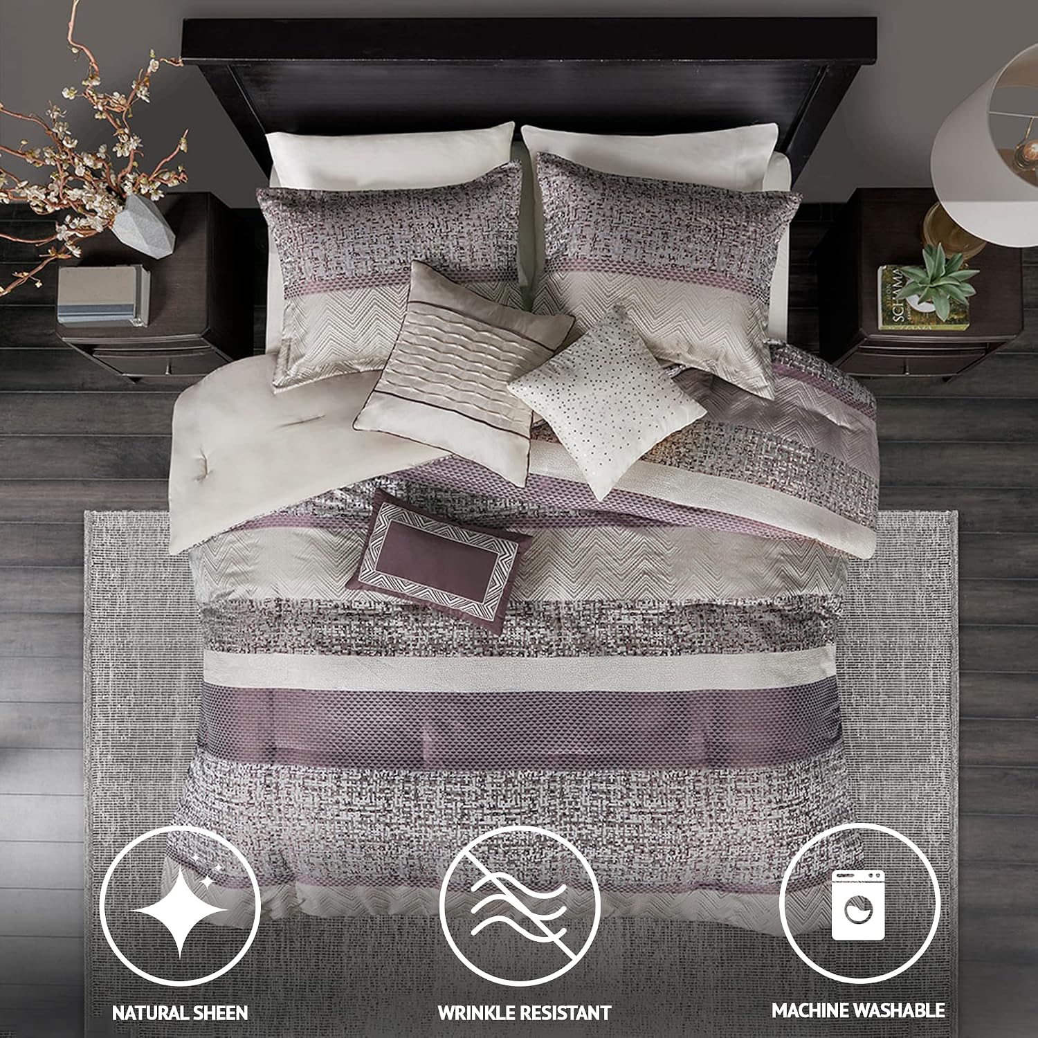 Madison Park Luxury Comforter Set-Traditional Jacquard Design, All Season Down Alternative Bedding, Matching Bedskirt, Decorative Pillows, King(104'x92'), Rhapsody, Striped Purple 7 Piece
