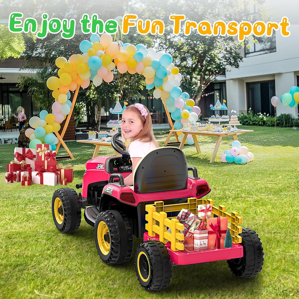 ANPABO 24V Ride On Tractor w/Tiltable & Detachable Trailer, EVA Tires, Up to 4.3Mph, Ride On Toys with Parental Remote, Realistic Tractor Sound & Chimney, Music Player, LED Light, Rose Red