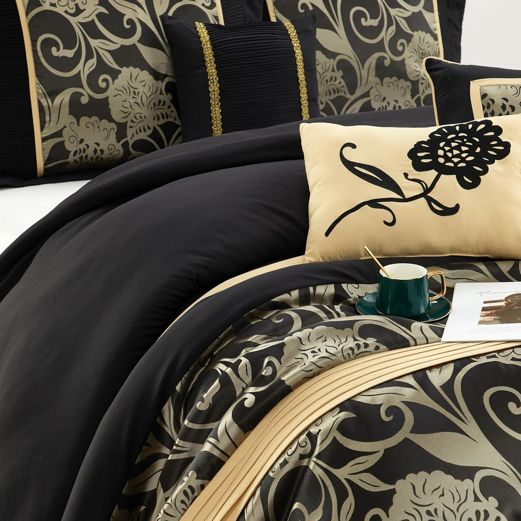 Stratford Park Jacquard 7-Piece Comforter Bedding Set Black, California King Floral Bedding Set, Matching Bedskirt, Pillows & Shams