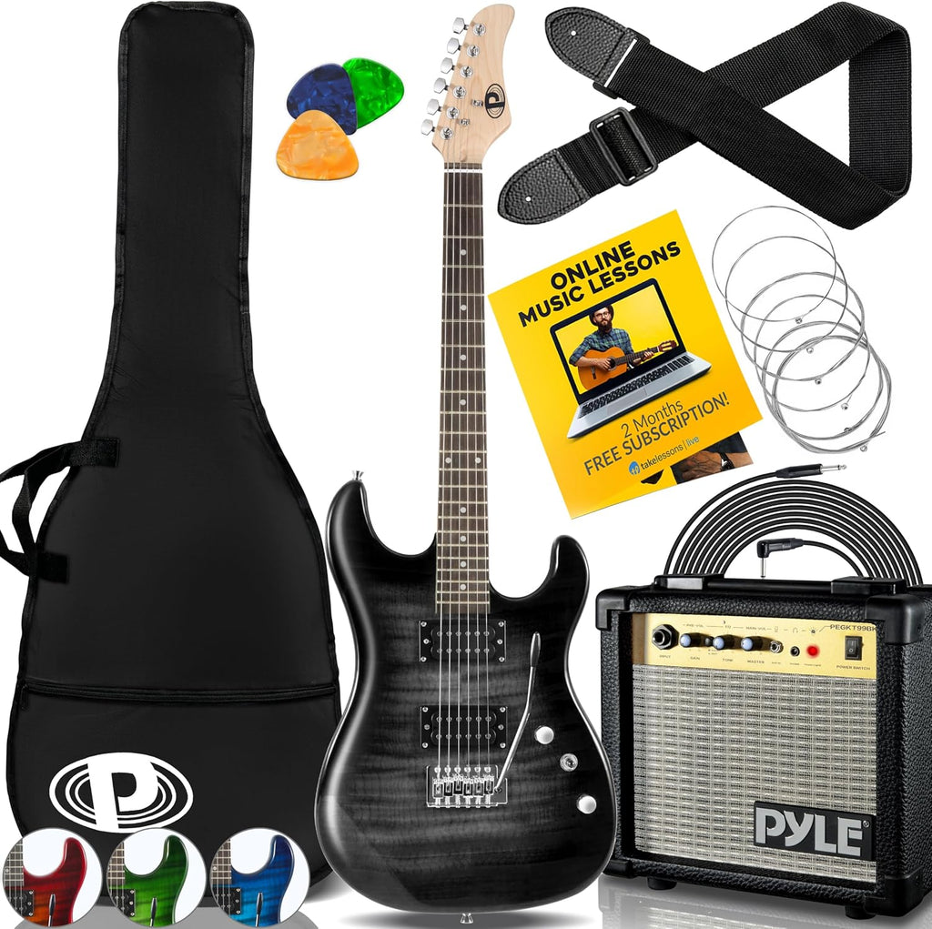 Pyle Electric Guitar Kit with Amp, Full Size Instrument with Humbucker Pickups, Guitarra Electrica Amplifier and Beginner Bundle Accessories, 39' (Legacy Black)