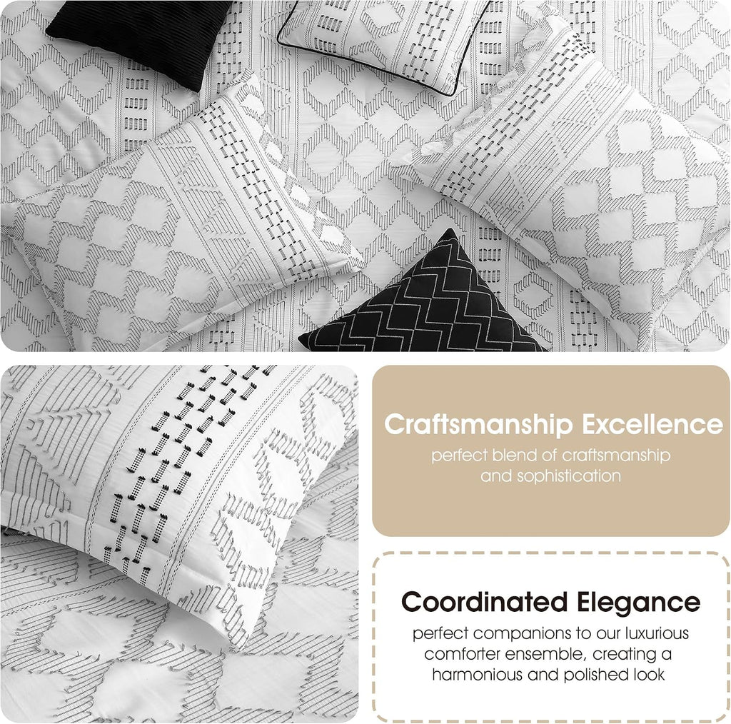 Grand Avenue 7 Piece White Black Comforter Set, Queen Size Clip Bedding Set, All Season Geometric Bedding Set, Matching Pillows, Shams, Bed Skirt
