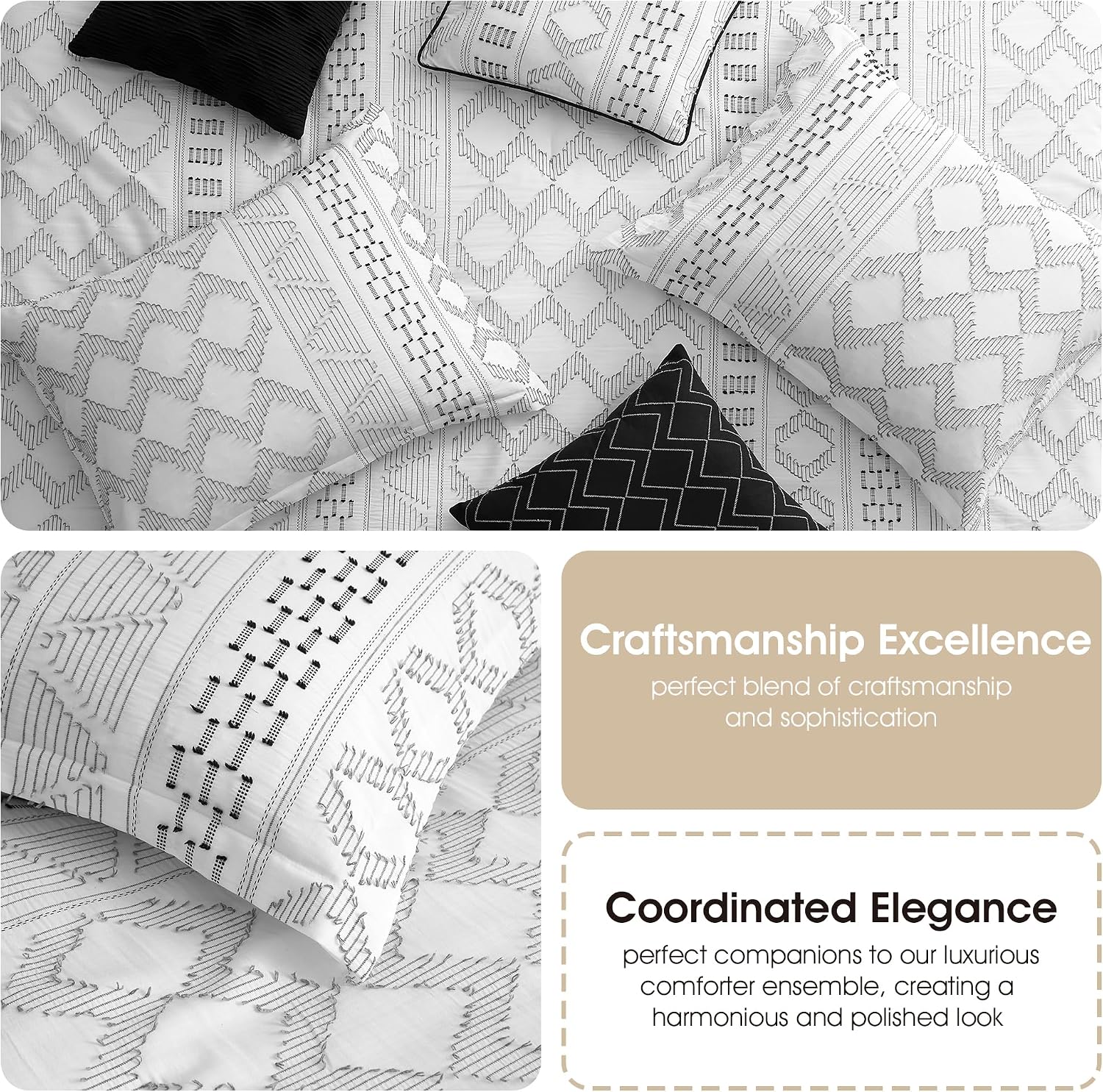 Grand Avenue 7 Piece White Black Comforter Set, Queen Size Clip Bedding Set, All Season Geometric Bedding Set, Matching Pillows, Shams, Bed Skirt