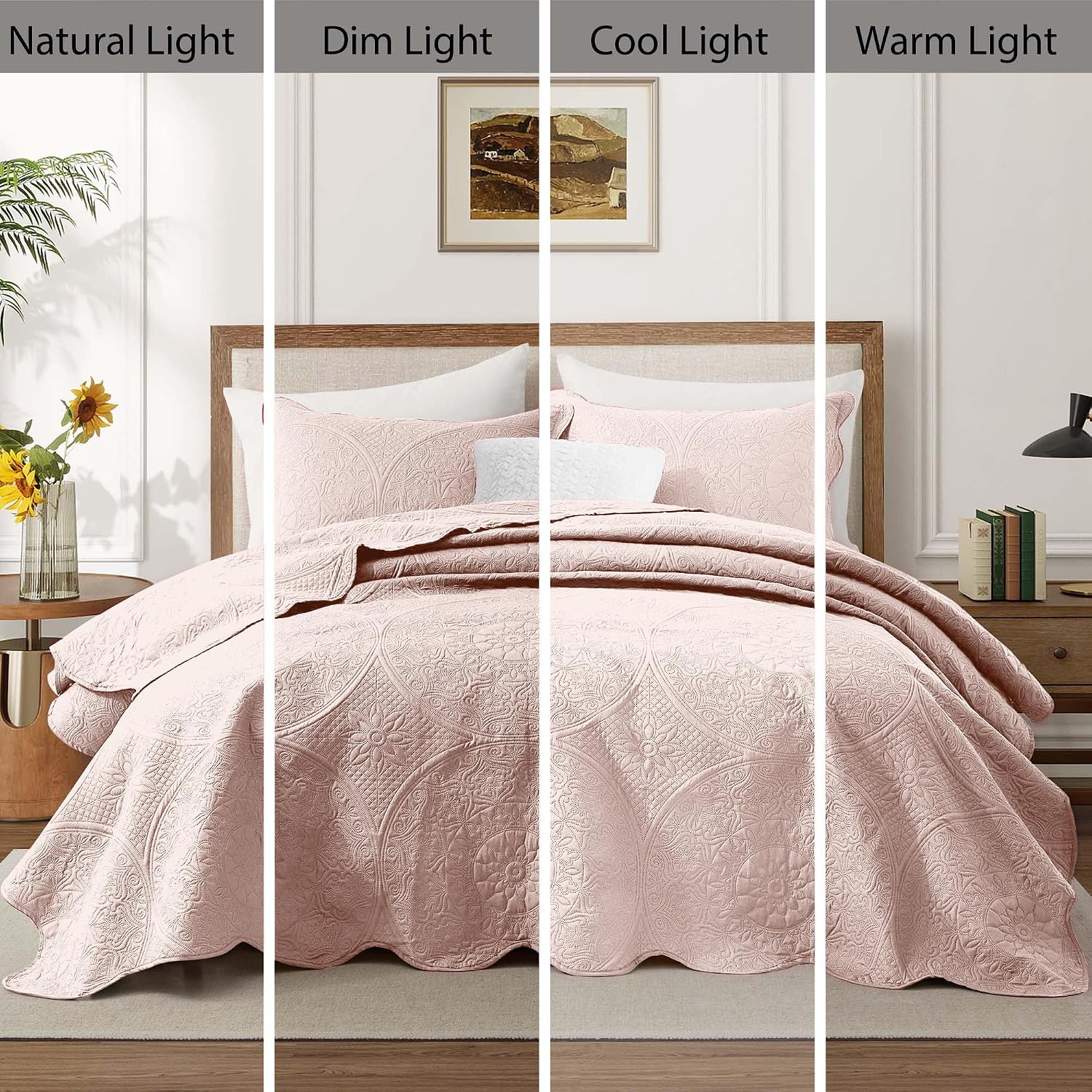 MOONLIGHT20015 8 Pack California King Quilt Bedding Set (118'x106') - Bulk Wholesale for Hotels, Guest Bedroom & Airbnbs - Microfiber Reversible Floral Embossed Quilts Bedspreads (Peach/Baby Pink)