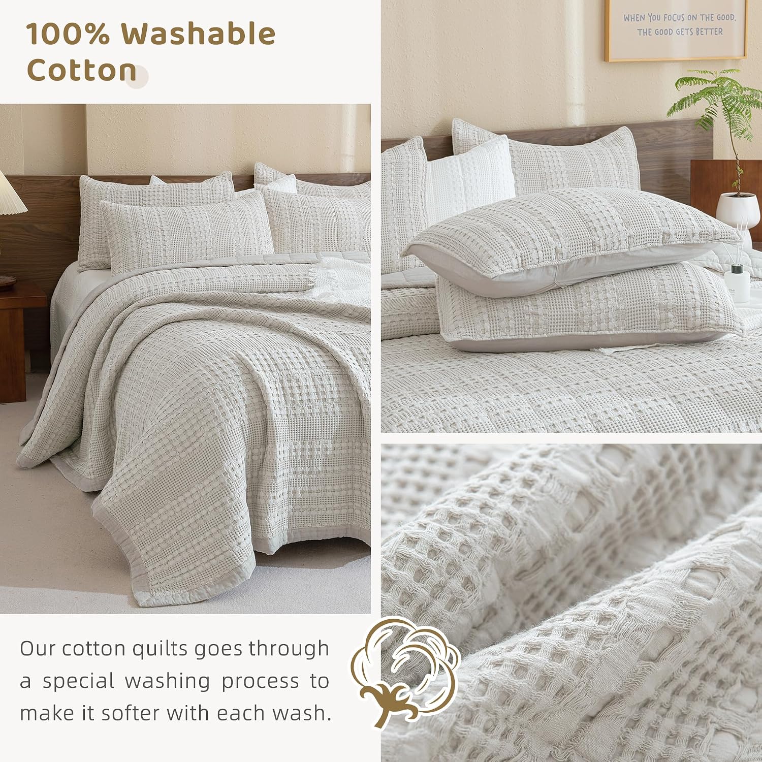 Sanracie Cotton Oversized Queen Bedspread (104 * 106'), Khaki Waffle Weave Quilt Set Farmhouse Shabby Boho Chic Bedding Coverlet Set All Season