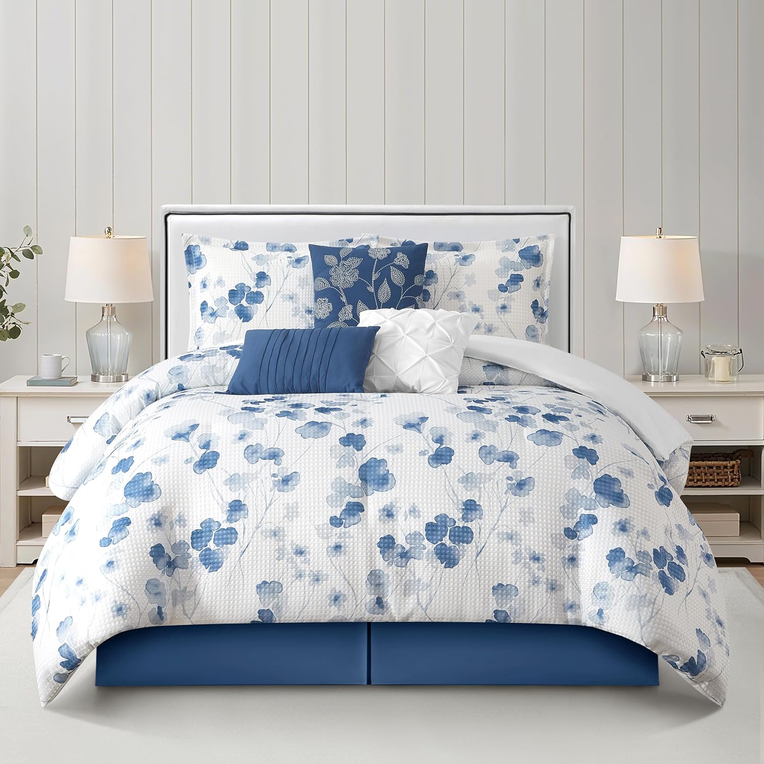 Stratford Park Waffle Printed Polyester Comforter Set, Blue Floral 7 Piece King Bedding Set, Elegant All Season Bedding, Matching Pillows, Shams, Bed Skirt
