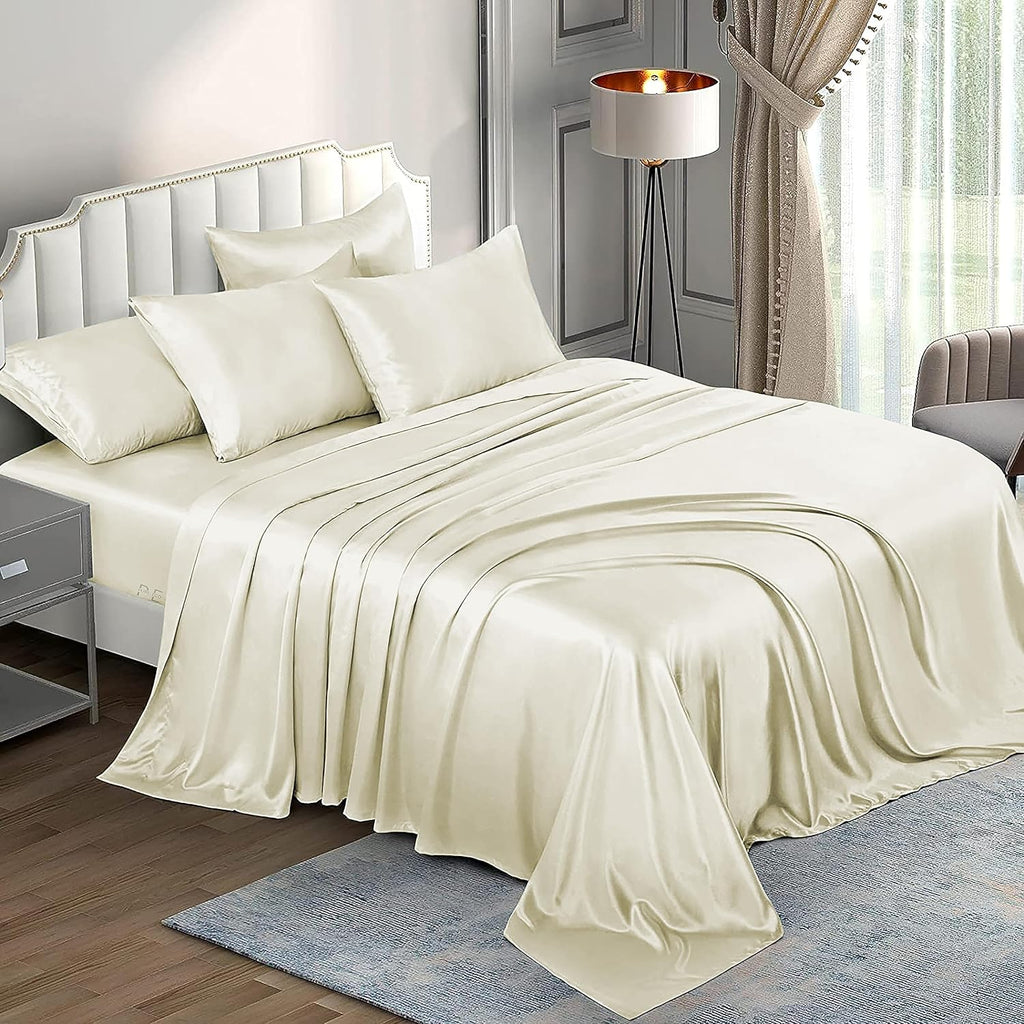 6 Piece Mulberry Silk Sheet Set Twin Size (39x75)+ Upto 16 Inch Deep Pocket Ivory Color Smooth Soft and Silk Bed Sheets Twin Size Bedding Set