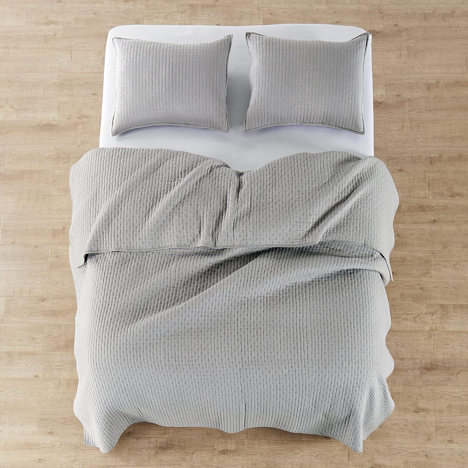 Levtex Home Cross Stitch Reversible King Bedspread Set (120x104in) with 2 Pillow Shams (36x20in) - Stitch Texture - Light Grey - Cotton King Size Bedspread Set - Soft, Pre-Washed