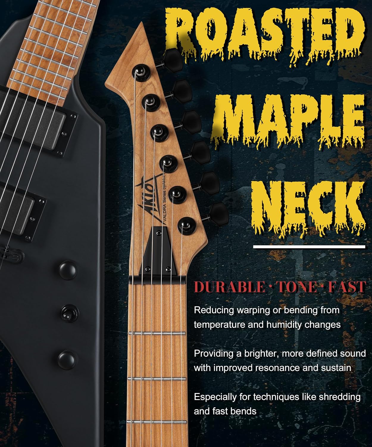 AKLOT Metal V Electric Guitar: HH Pickups, Roasted Maple Neck, Okoume Body, String-Through-Body, Stainless Steel Rounded Ball-End Frets,Beginner Electric Guitar Kit for Adult,Gig Bag,Lesson Book,Black