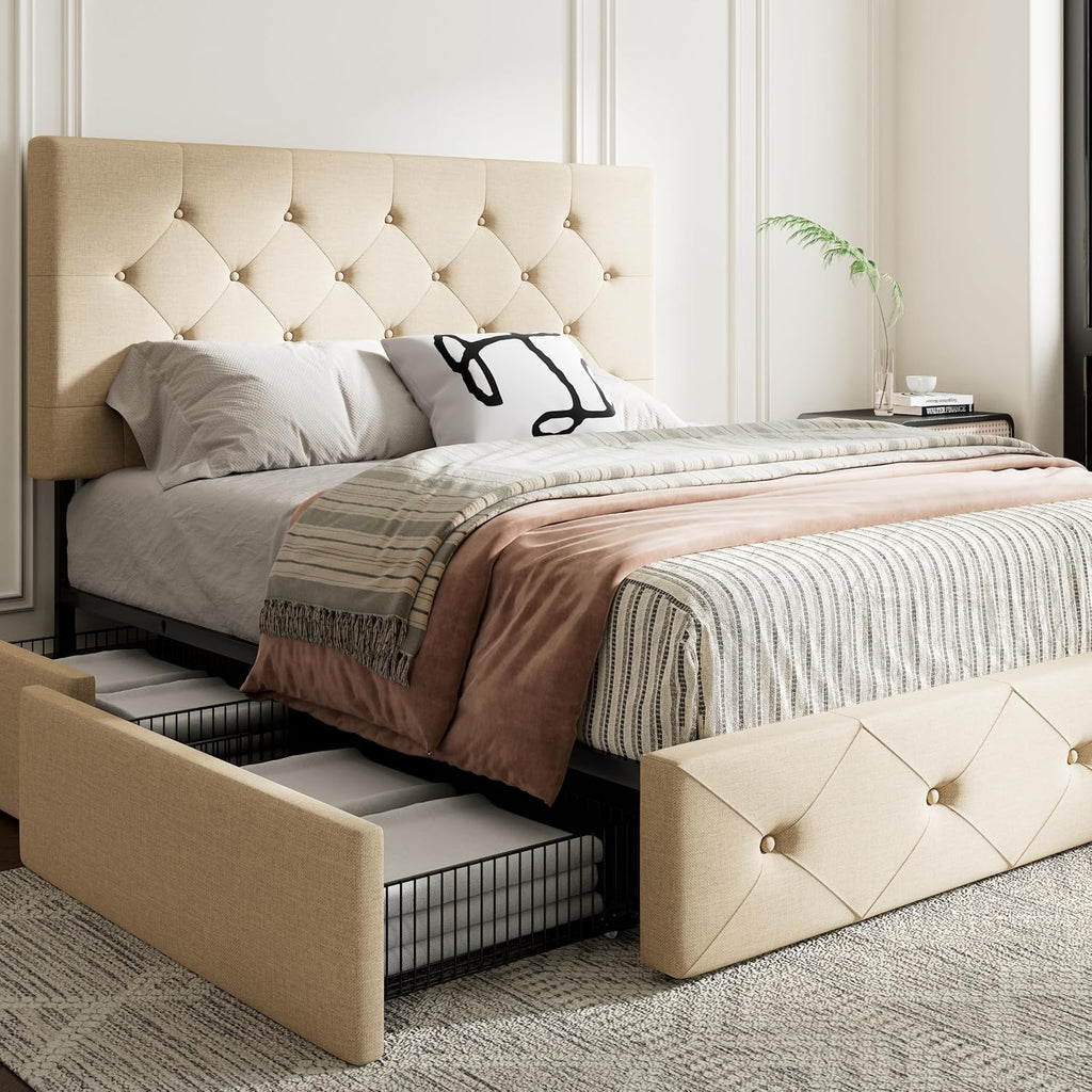 MUTICOR Full Size Bed Frame with 4 Storage Drawers, Upholstered Platform Bed with Button Tufted Adjustable Headboard, No Box Spring Needed, Easy Assembly, Diamond Tufted, Beige Fabric