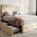 MUTICOR Full Size Bed Frame with 4 Storage Drawers, Upholstered Platform Bed with Button Tufted Adjustable Headboard, No Box Spring Needed, Easy Assembly, Diamond Tufted, Beige Fabric