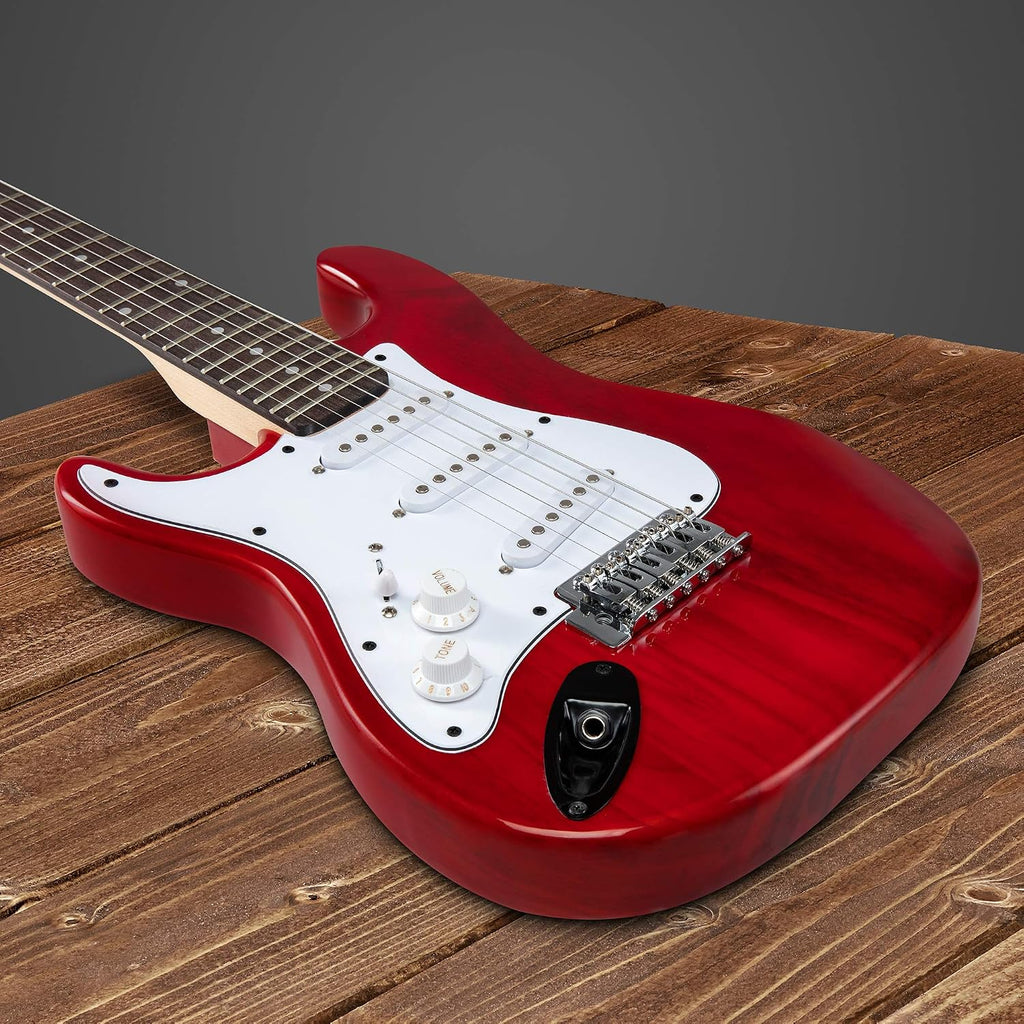 LyxPro Left Hand 36 Inch Electric Guitar and Kit for Lefty Kids with 3/4 Size Beginner's Guitar, Amp, Six Strings, Two Picks, Shoulder Strap, Digital Clip On Tuner, Cable and Soft Case Gig Bag - Red
