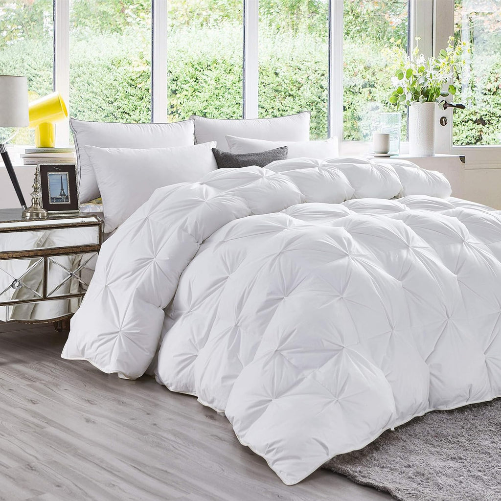 Luxurious All-Season Goose Down Feather Fiber Comforter Oversize Queen Duvet Insert (98x98), Exquisite Pinch Pleat Design- White, Premium Baffle Box, 100% Egyptian Cotton Cover, 70 oz. Fill Weight