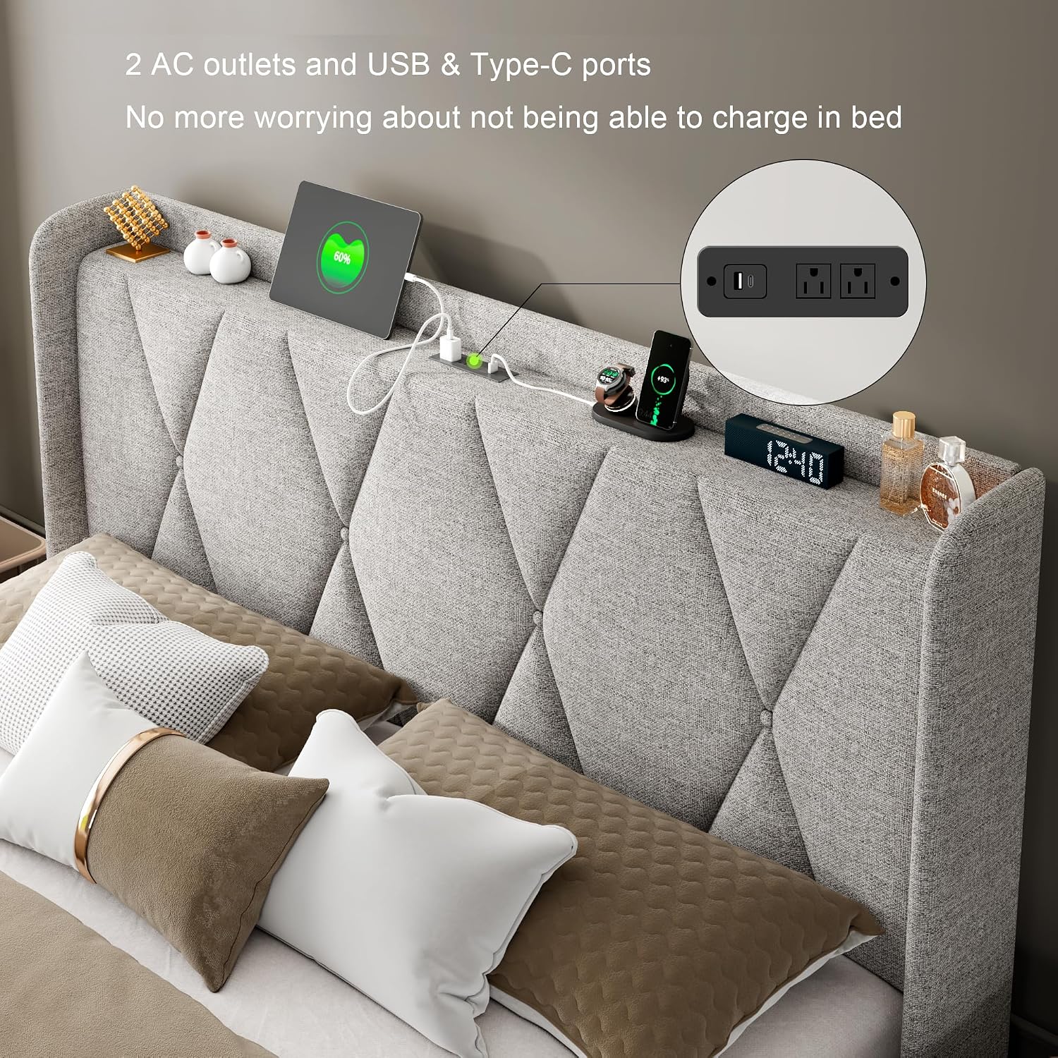 Feonase Full Bed Frame with 4 Storage Drawers, Upholstered Button Tufted Storage Headboard with Fast Charging Station, Heavy Duty Slats Support, No Box Spring Needed, Noise-Free, Light Grey