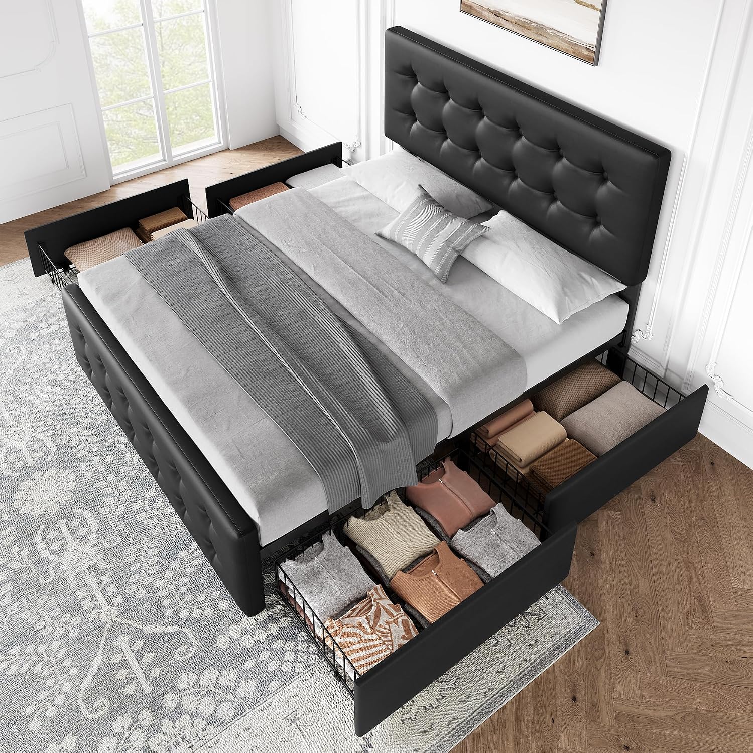 GAOMON Full Size Bed Frame with 4 Storage Drawers and Headboard, Faux Leather Upholstered Platform Bed Frame with Wooden Slats Support, Button Tufted Design, No Box Spring Needed, Black