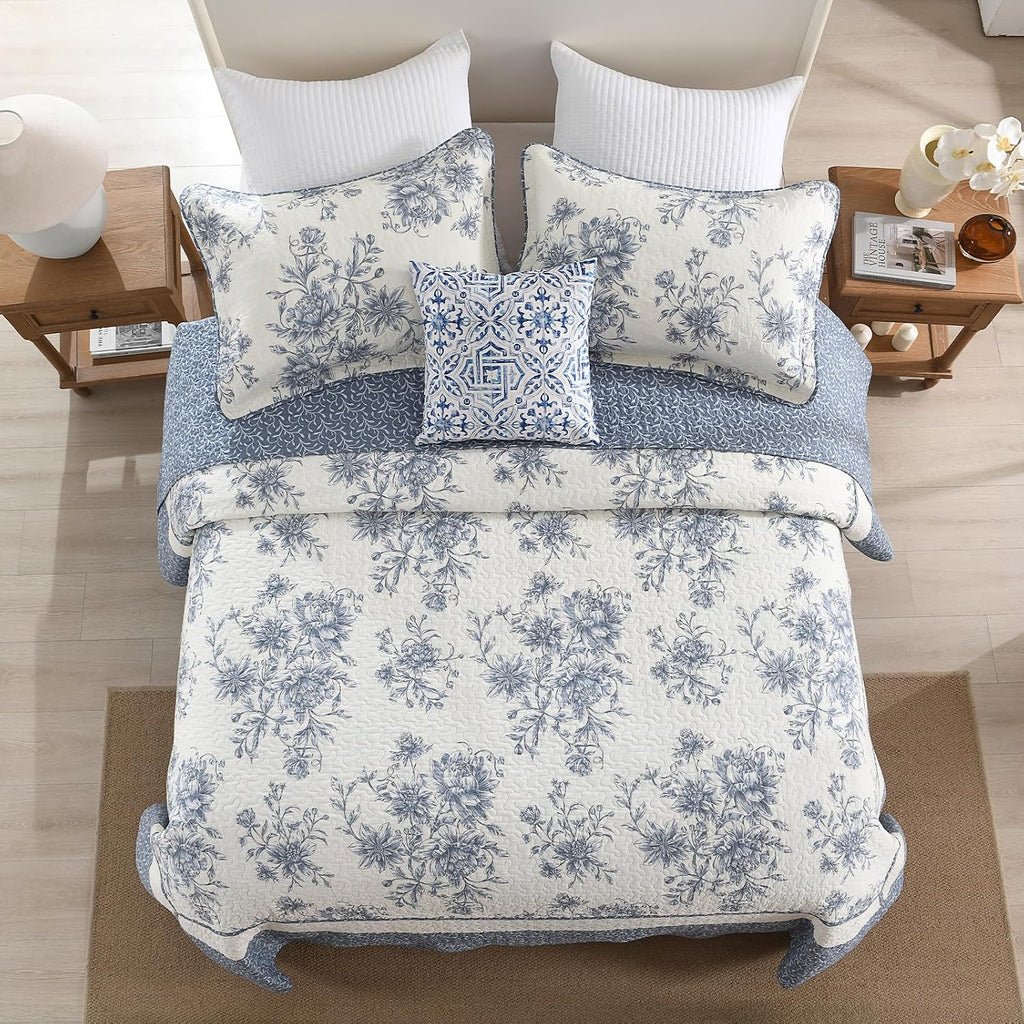 Floral Bedspread 128'x120' California King Bedspread, 100% Cotton XL Oversized King Quilt with 2 Pillowshams, Lightweight Garden Quilted Bedspreads Coverlet Set, Blue/Cream, 3 Pcs
