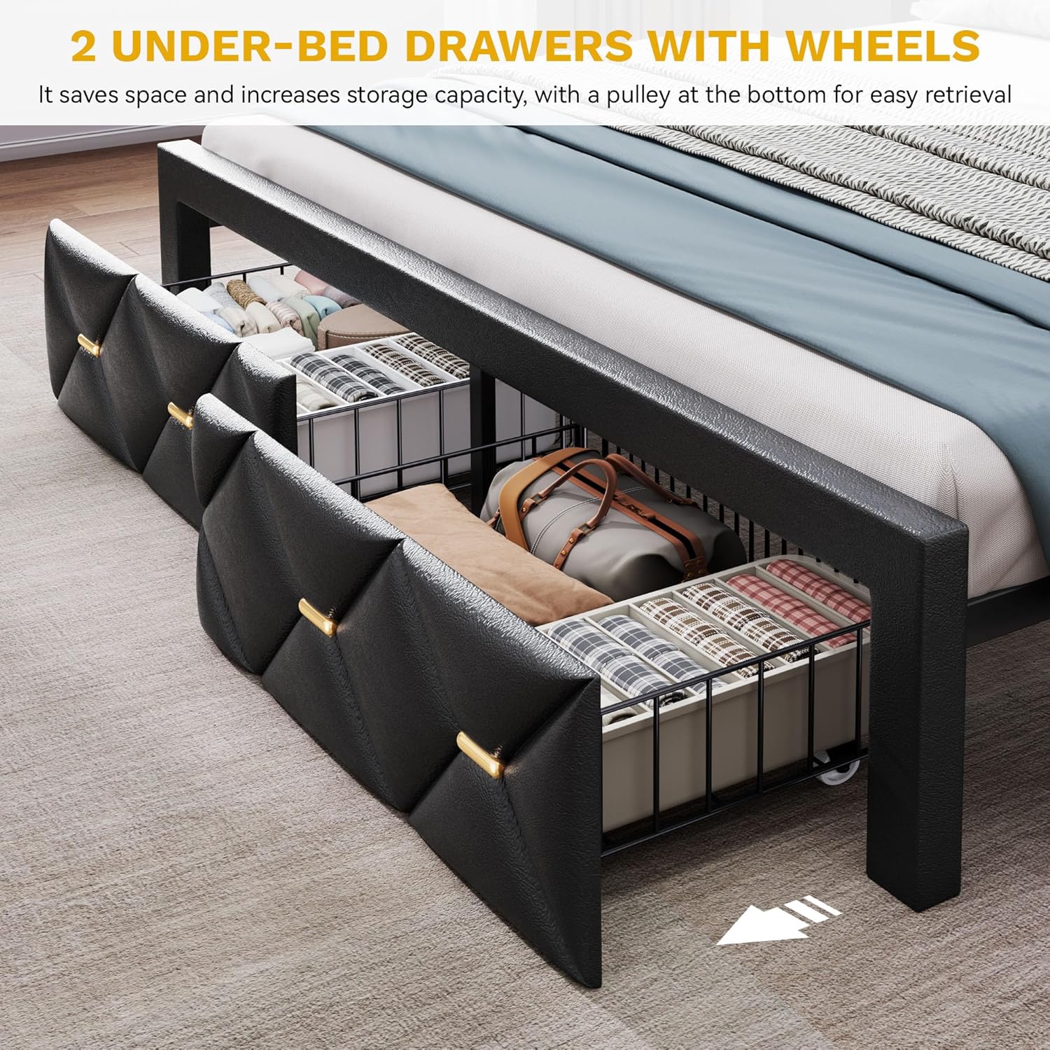 DWVO Full Size Bed Frame with 2 Storage Drawers and Storage Headboard, Upholstered Platform with Charging Station and LED Light, No Box Spring Needed, Noise Free, Easy Assembly, PU Leather Black