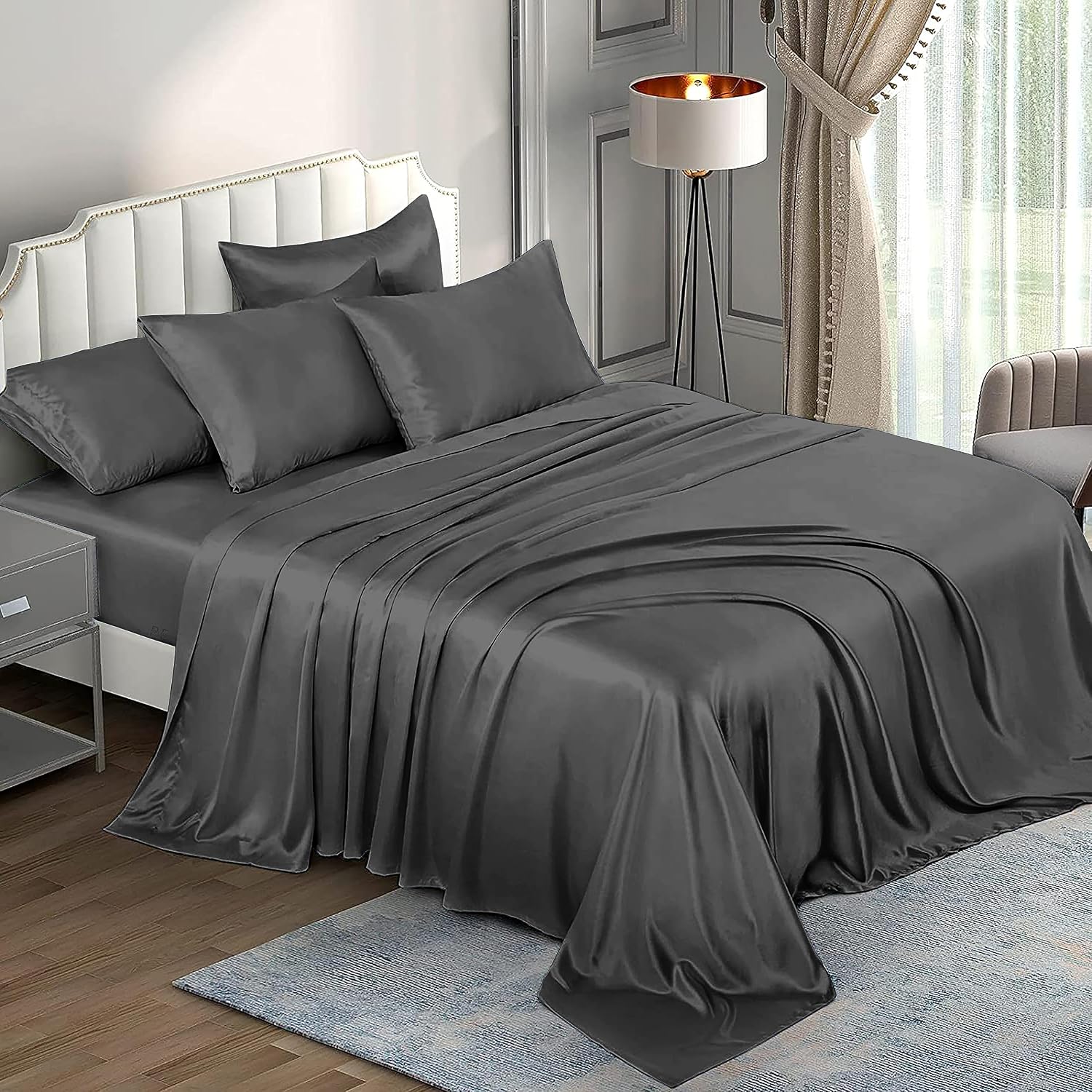 6 Piece Mulberry Silk Sheet Set Queen Size (60x80)+ Upto 16 Inch Deep Pocket Dark Grey Color Smooth Soft and Silk Bed Sheets Queen Size Bedding Set