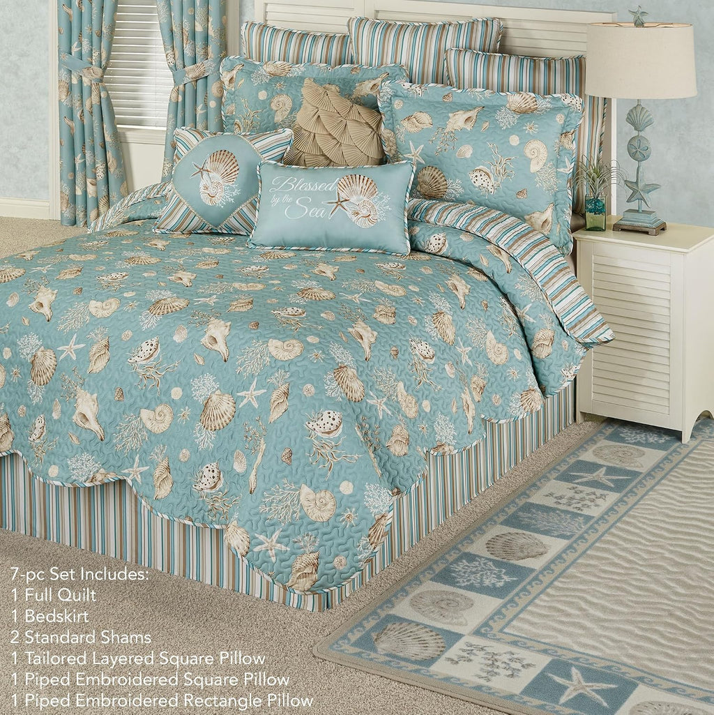 Seabreeze Coastal Beach Bedding | All Season Quilted | Shell Starfish Coral Stripe | Aqua Teal Ivory Cream | 7 Pc Set: Full Quilt, 2 Standard Shams, Bedskirt, 2 Square Pillows, Rectangle Pillow