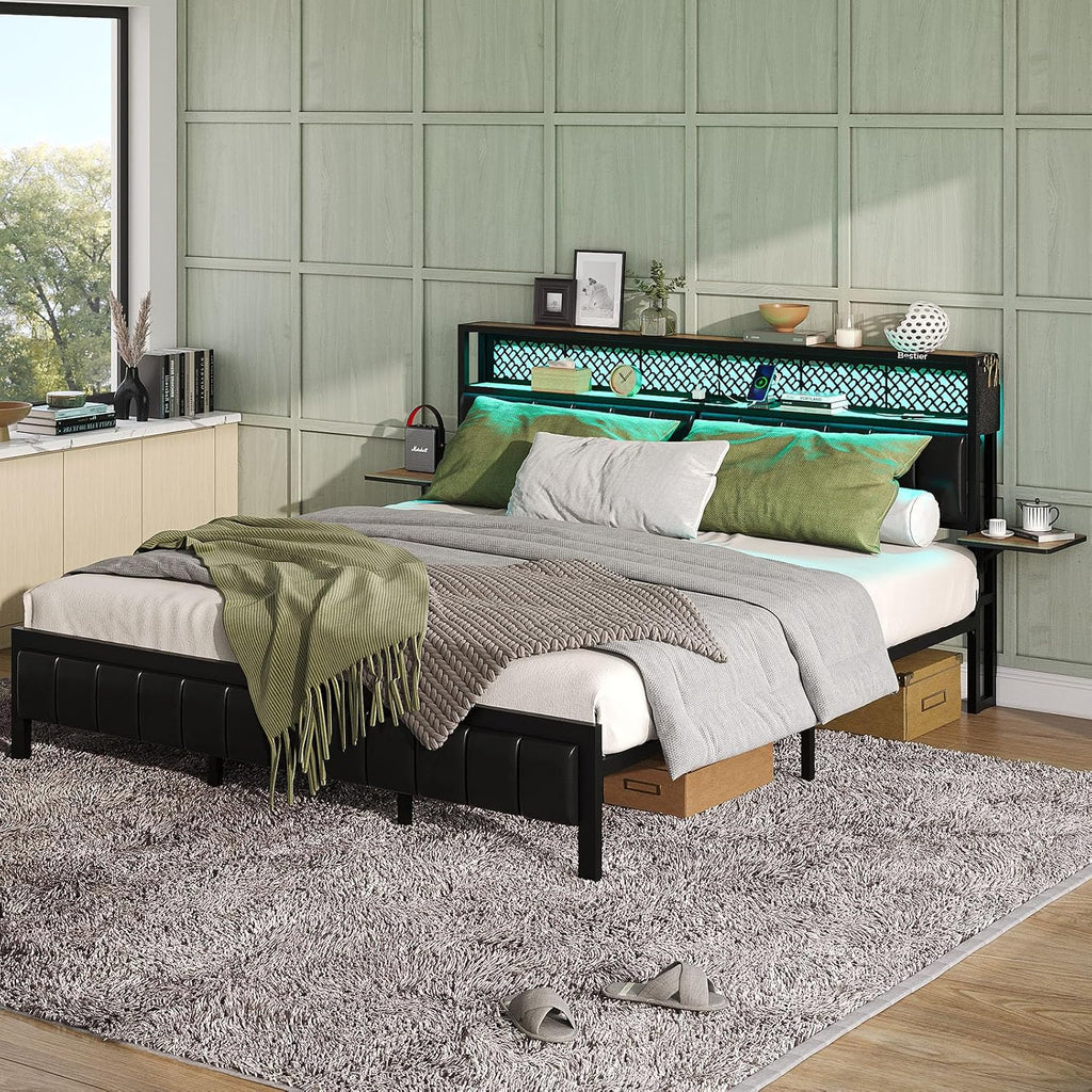 Bestier Queen Bed Frame with Upholstered Headboard and Charging Station, Folding Bedside Shelves Storage, LED Metal Platform Bed Frame, Non-Slip, Noise-Free, Easy Assembly, Walnut