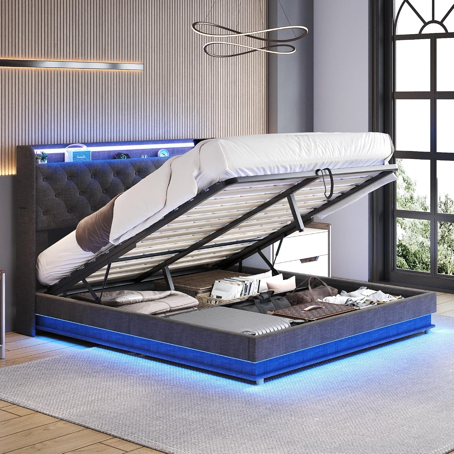 Ailisite Lift Up Storage Queen Bed, Upholstered Platform Bed with Button Tufted Wingback Storage Headboard, Bed Frame Queen Size with Led Lights and Charging Station, No Box Spring Needed, Grey